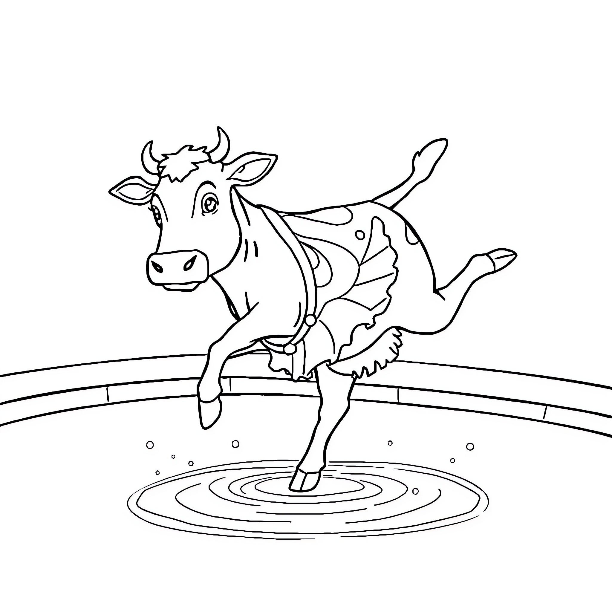 Cow jumping playfully in the water Coloring Page (free black-and-white line drawing printable PDF for all, from beginners to advanced learners, including children, teens, adults, and seniors)