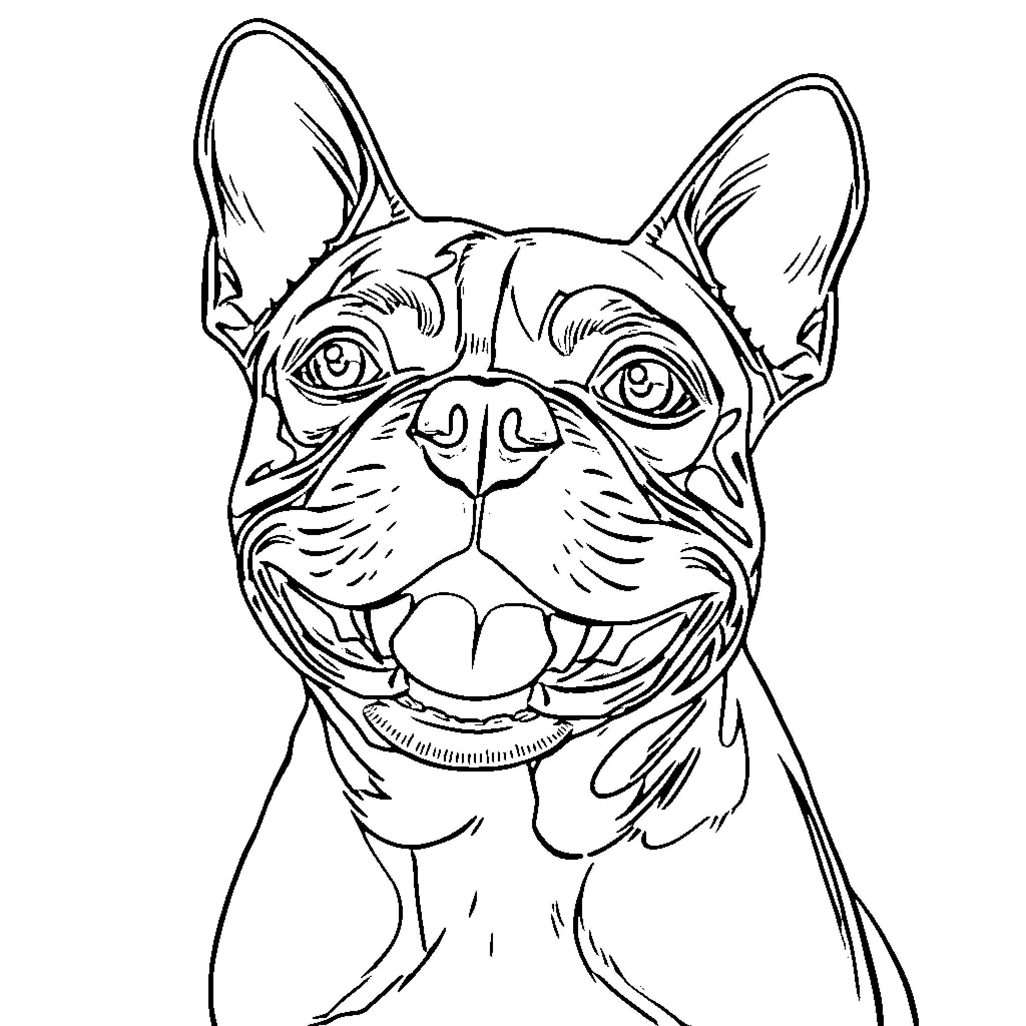 Boston Terrier with cheerful expression Coloring Page (free black-and-white line drawing printable PDF for all, from beginners to advanced learners, including children, teens, adults, and seniors)