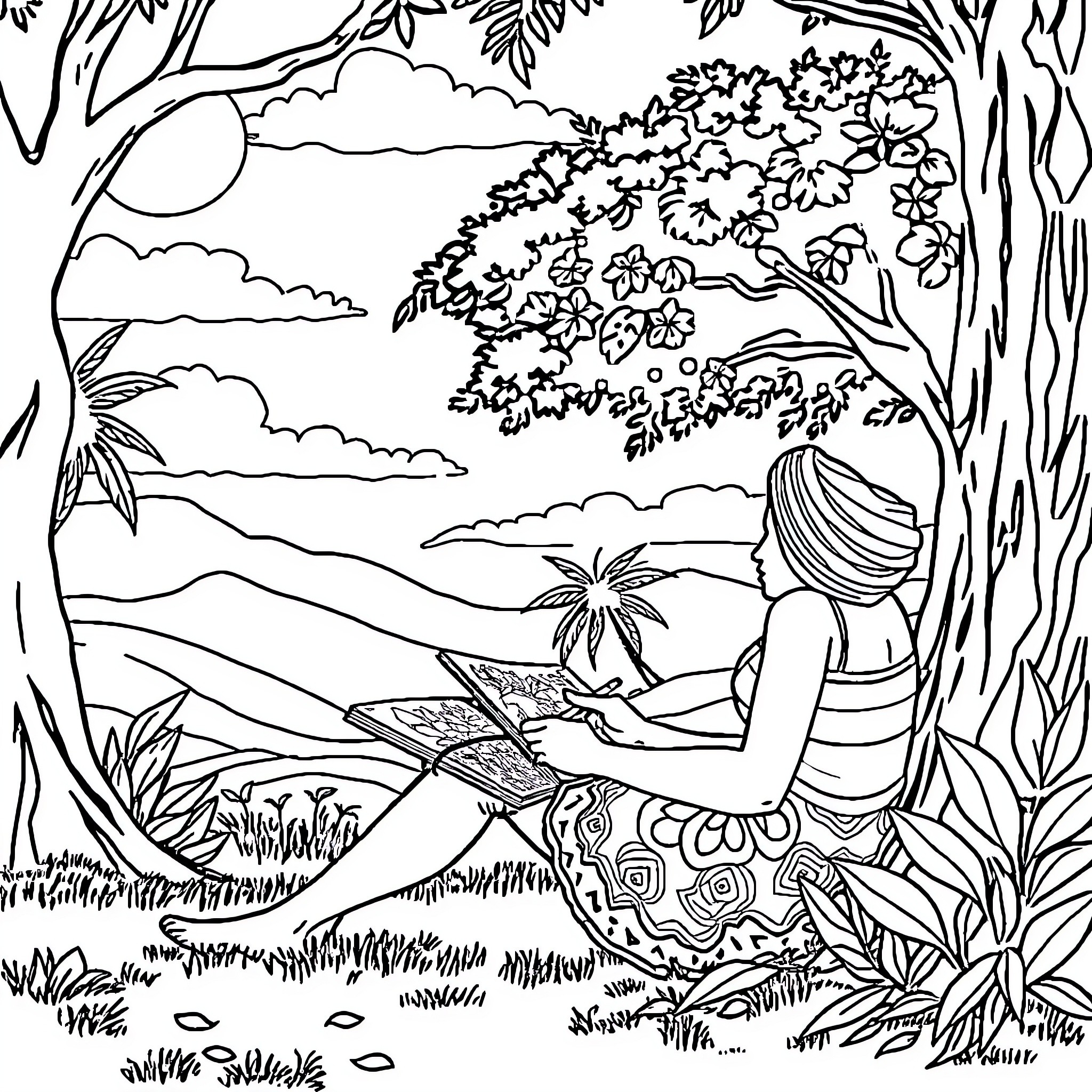 Rasta Woman Relaxing in Tropical Paradise Coloring Page (free black-and-white line drawing printable PDF for all, from beginners to advanced learners, including children, teens, adults, and seniors)