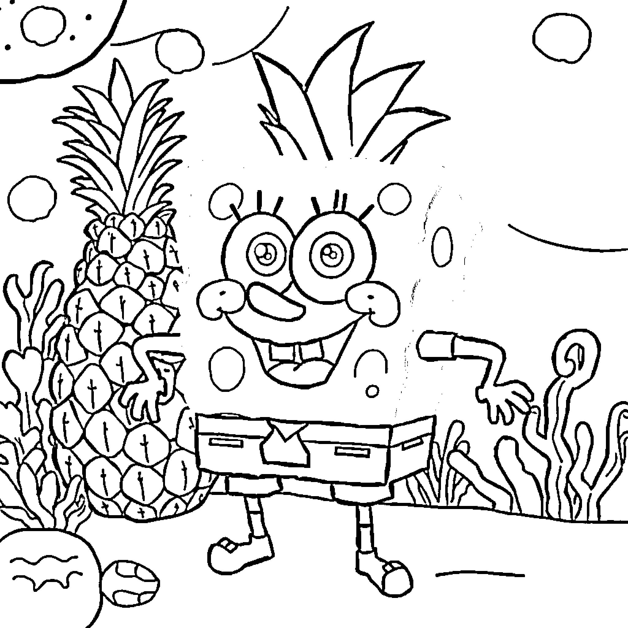 Spongebob in a zany underwater scene Coloring Page (free black-and-white line drawing printable PDF for all, from beginners to advanced learners, including children, teens, adults, and seniors)