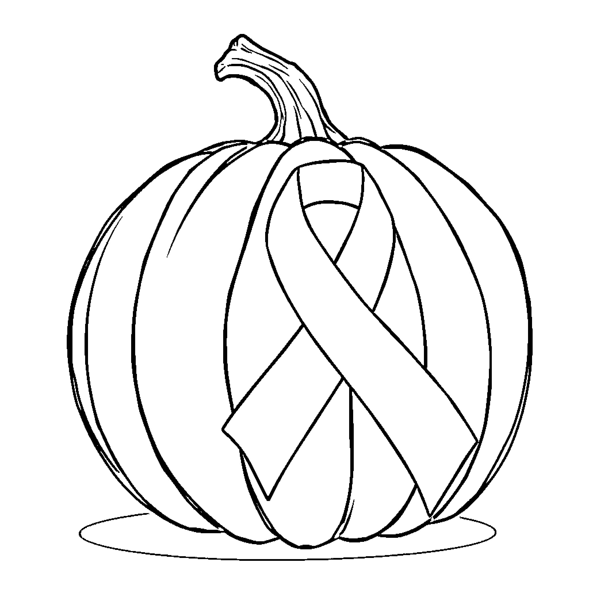 Pumpkin with Awareness Ribbon Coloring Page (free black-and-white line drawing printable PDF for all, from beginners to advanced learners, including children, teens, adults, and seniors)