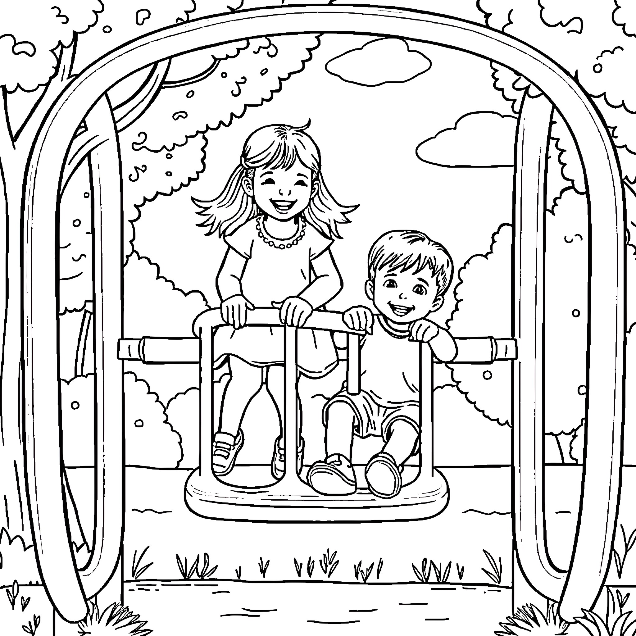 Child playing happily on swing with friend Coloring Page (free black-and-white line drawing printable PDF for all, from beginners to advanced learners, including children, teens, adults, and seniors)