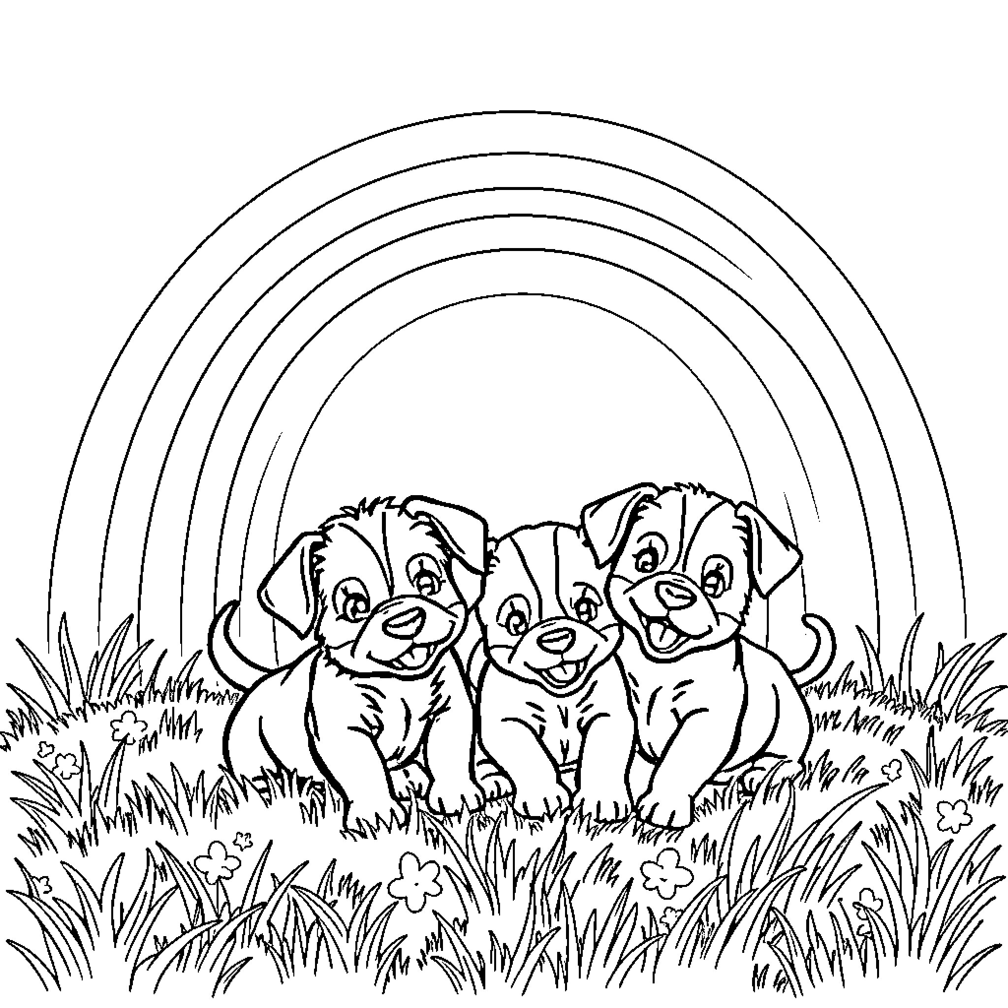 Puppy playmates in the meadow Coloring Page (free black-and-white line drawing printable PDF for all, from beginners to advanced learners, including children, teens, adults, and seniors)