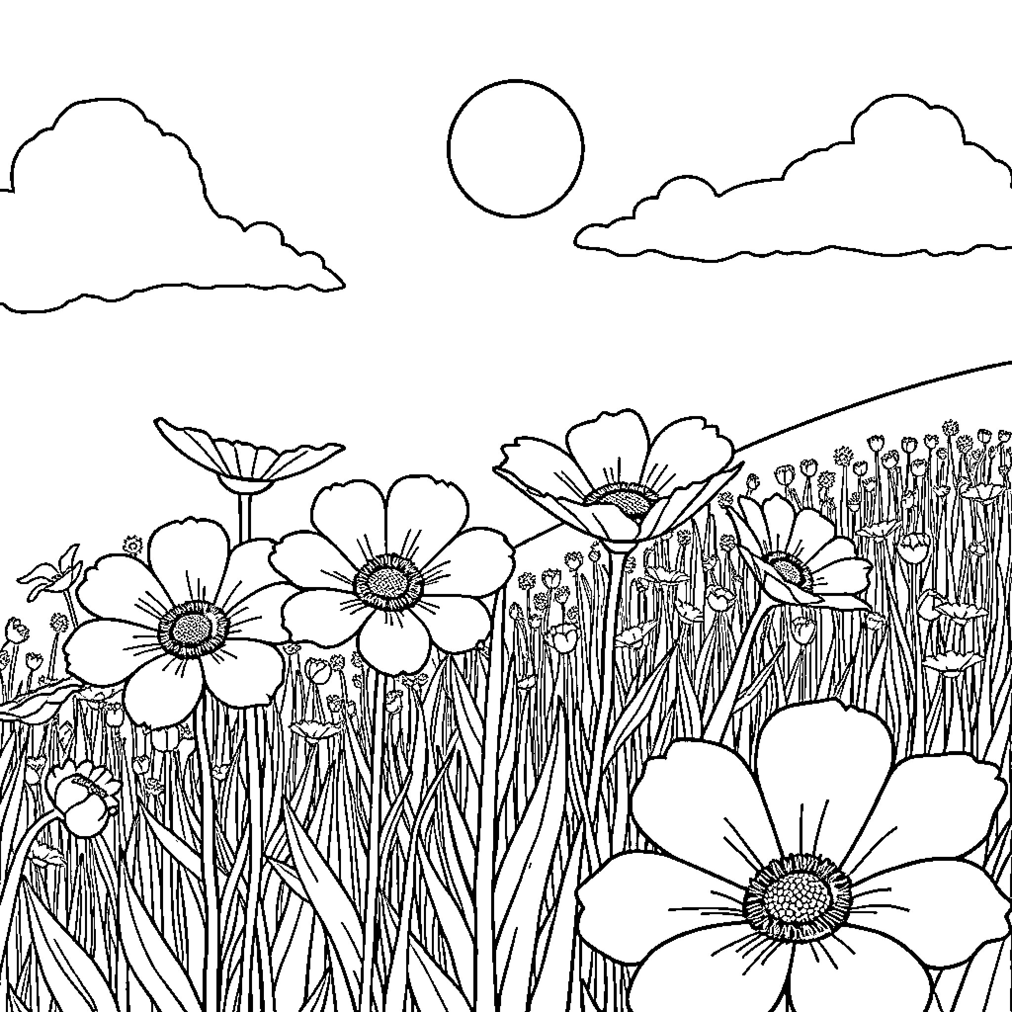Flower field in tranquil landscape Coloring Page (free black-and-white line drawing printable PDF for all, from beginners to advanced learners, including children, teens, adults, and seniors)