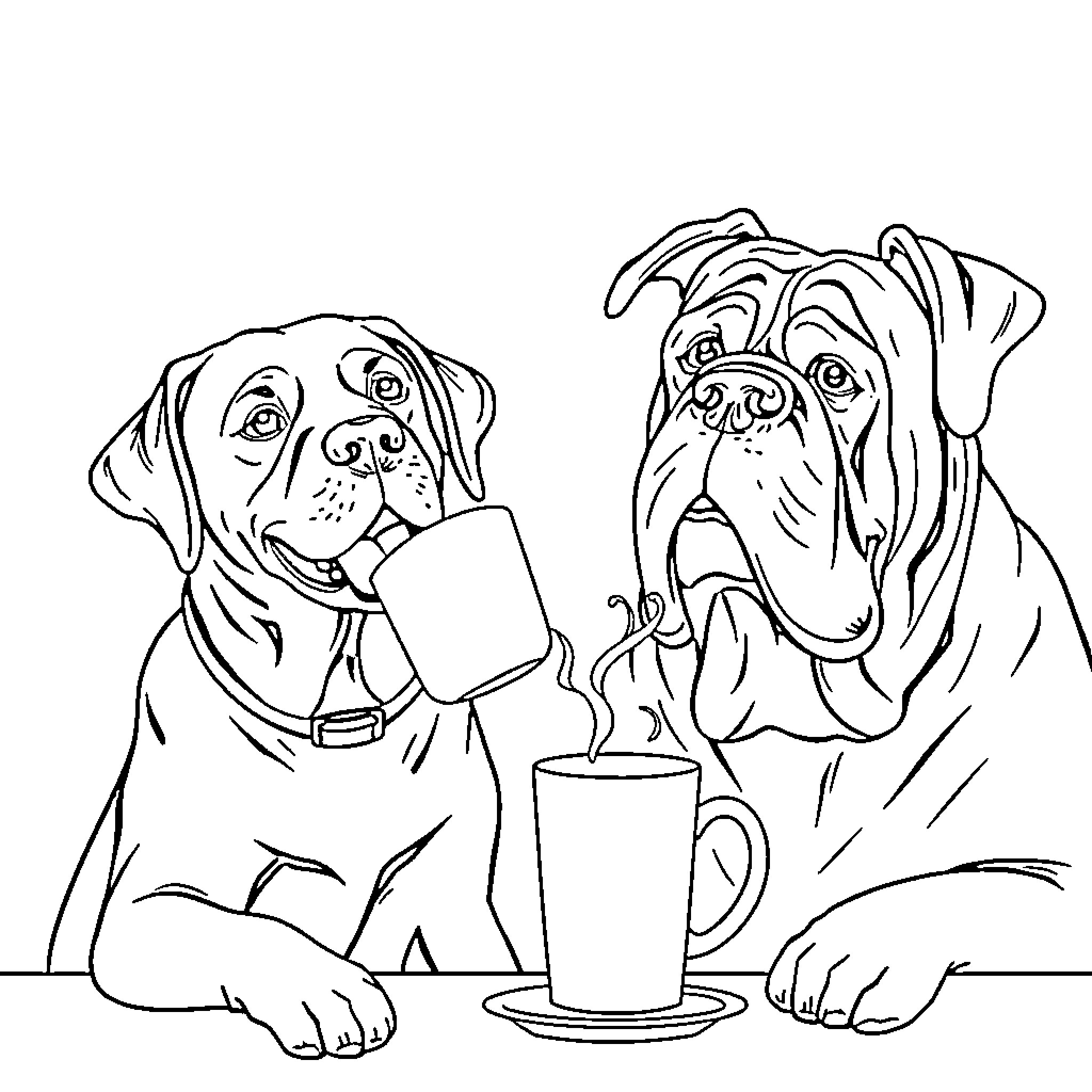 Labrador dogs enjoying a warm beverage together Coloring Page (free black-and-white line drawing printable PDF for all, from beginners to advanced learners, including children, teens, adults, and seniors)