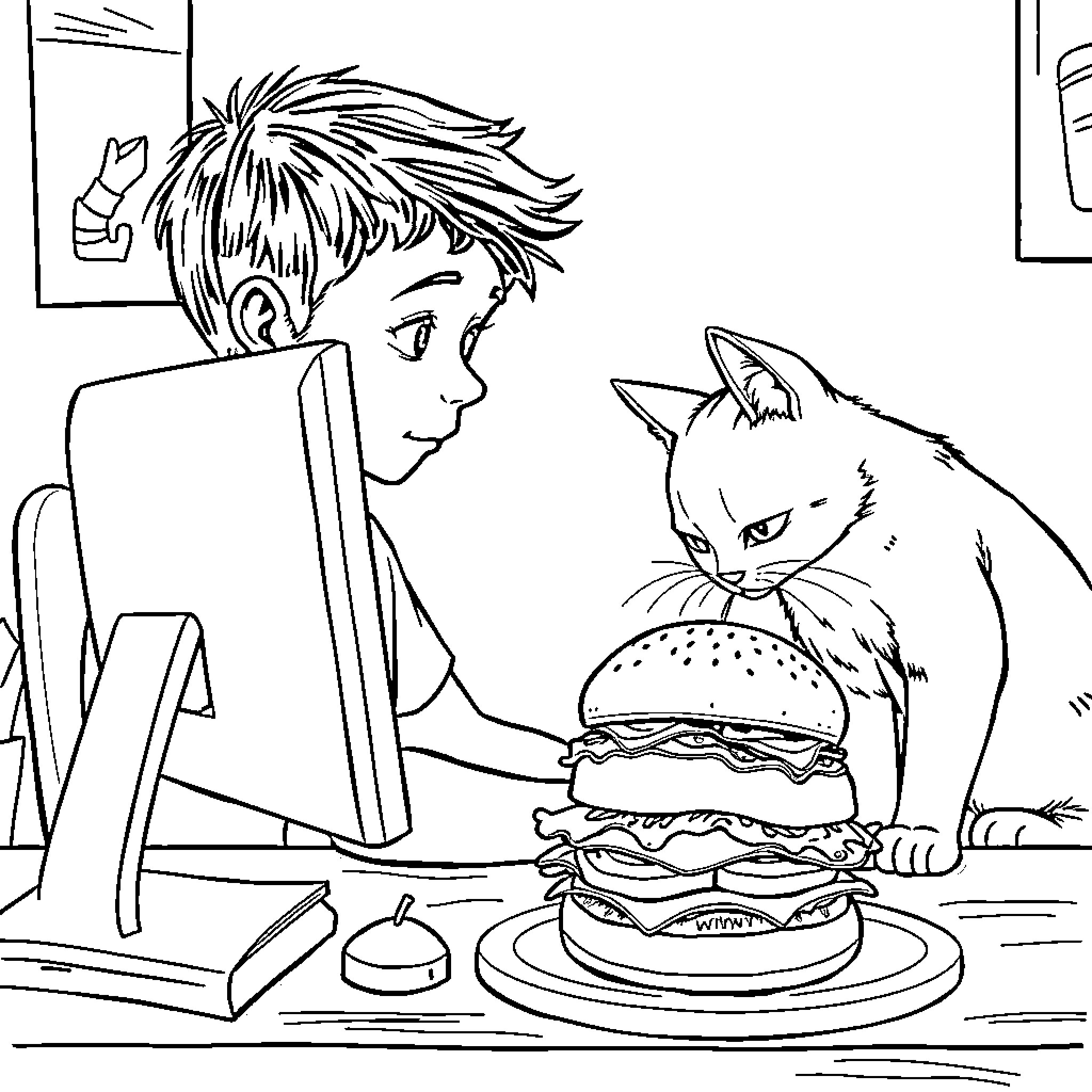 Boy enjoys snack with cat in workspace Coloring Page (free black-and-white line drawing printable PDF for all, from beginners to advanced learners, including children, teens, adults, and seniors)