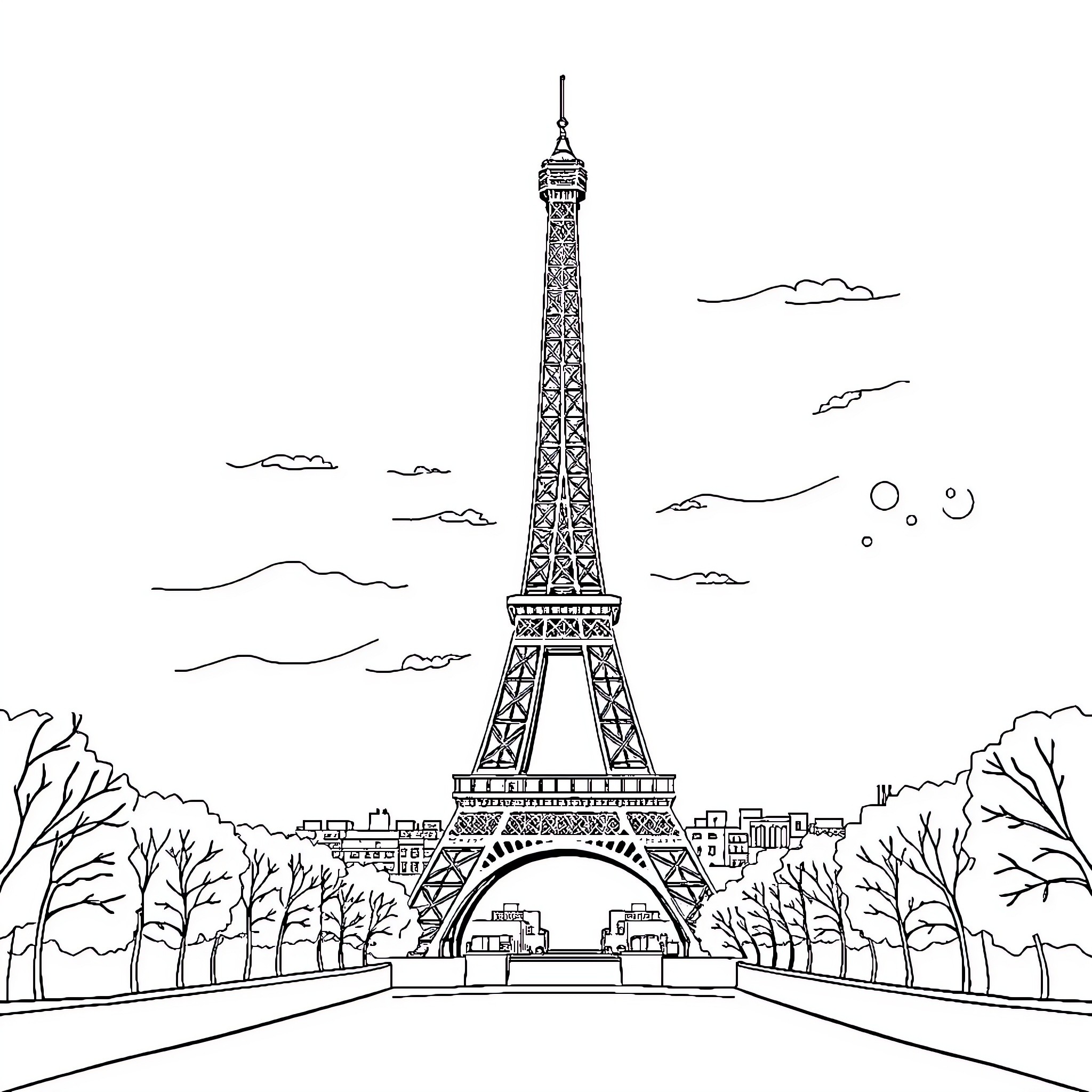 Eiffel Tower in picturesque Parisian landscape Coloring Page (free black-and-white line drawing printable PDF for all, from beginners to advanced learners, including children, teens, adults, and seniors)