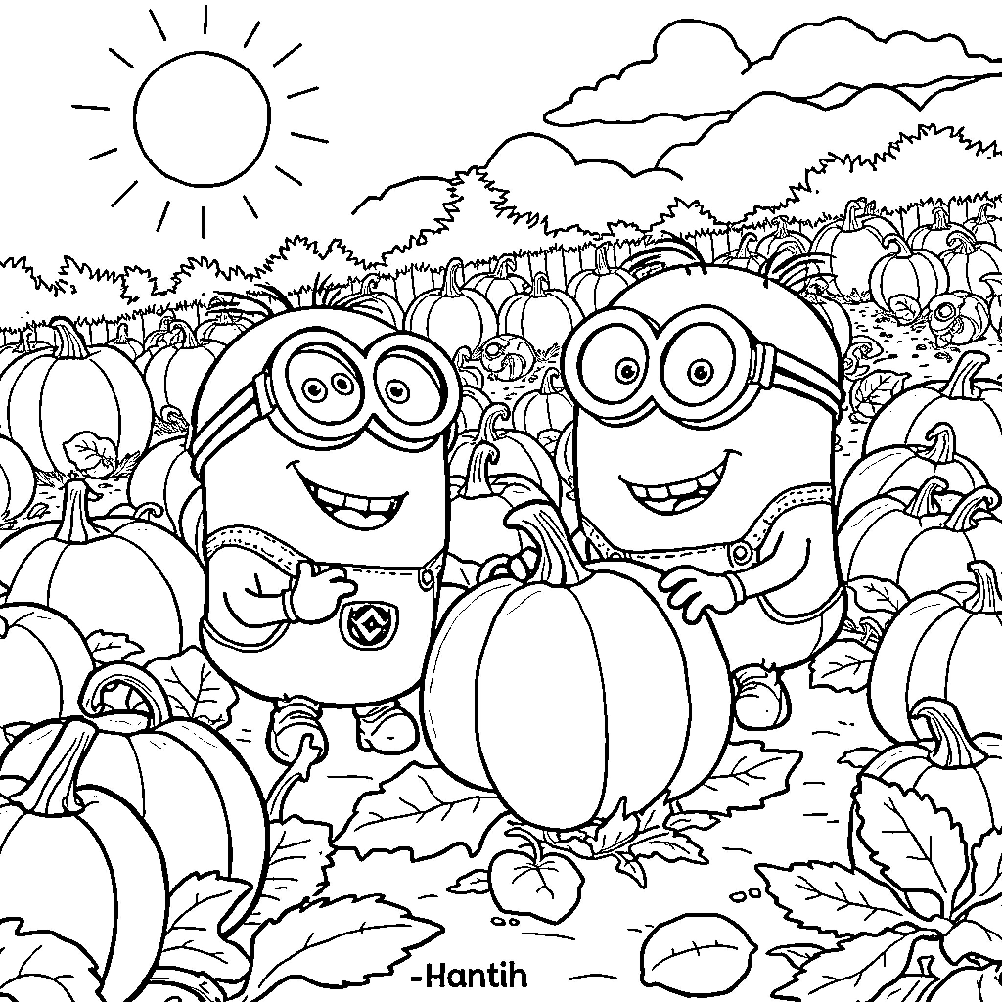 Minions Enjoying a Pumpkin Patch Adventure Coloring Page (free black-and-white line drawing printable PDF for all, from beginners to advanced learners, including children, teens, adults, and seniors)