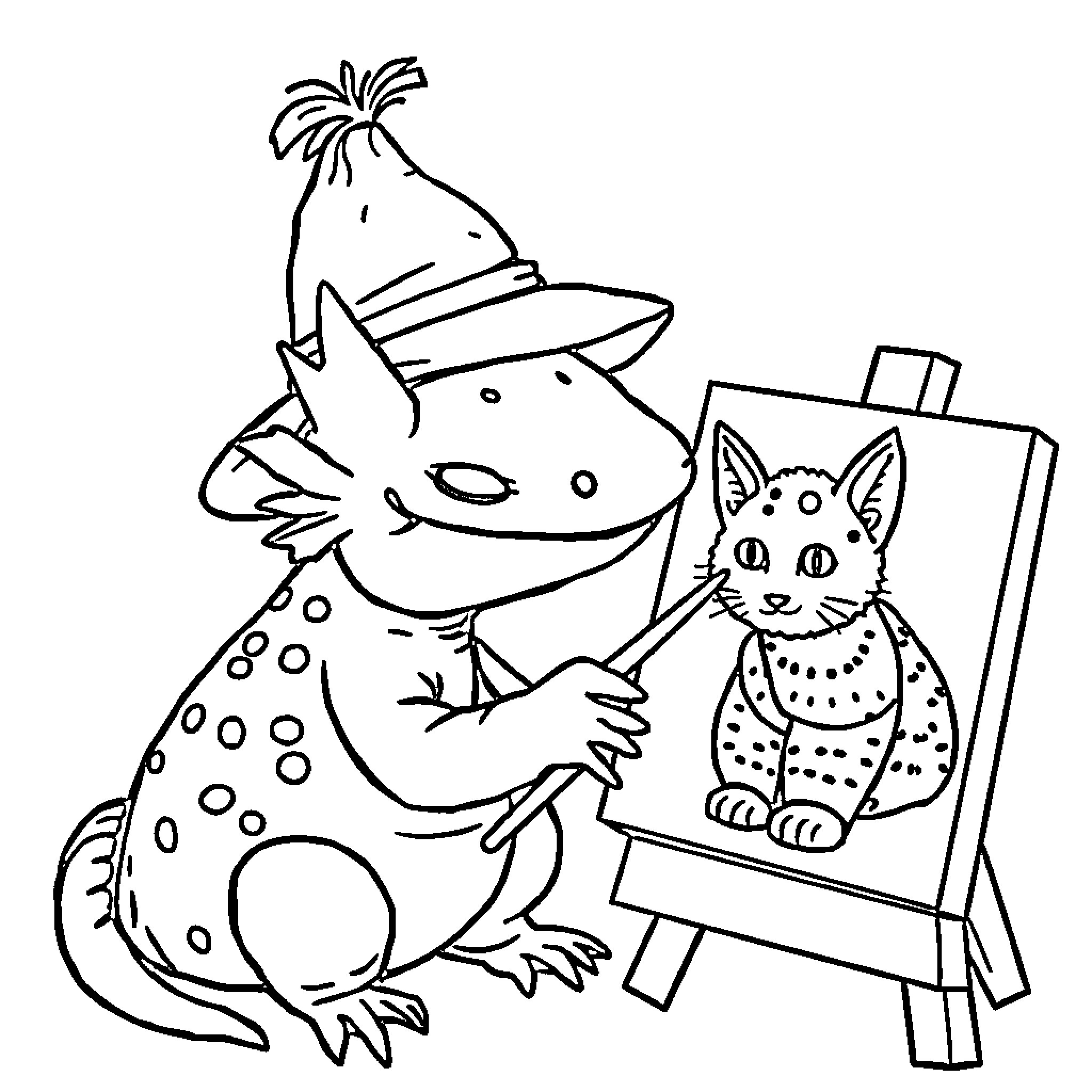 Axolotl painting a portrait of a cat Coloring Page (free black-and-white line drawing printable PDF for all, from beginners to advanced learners, including children, teens, adults, and seniors)