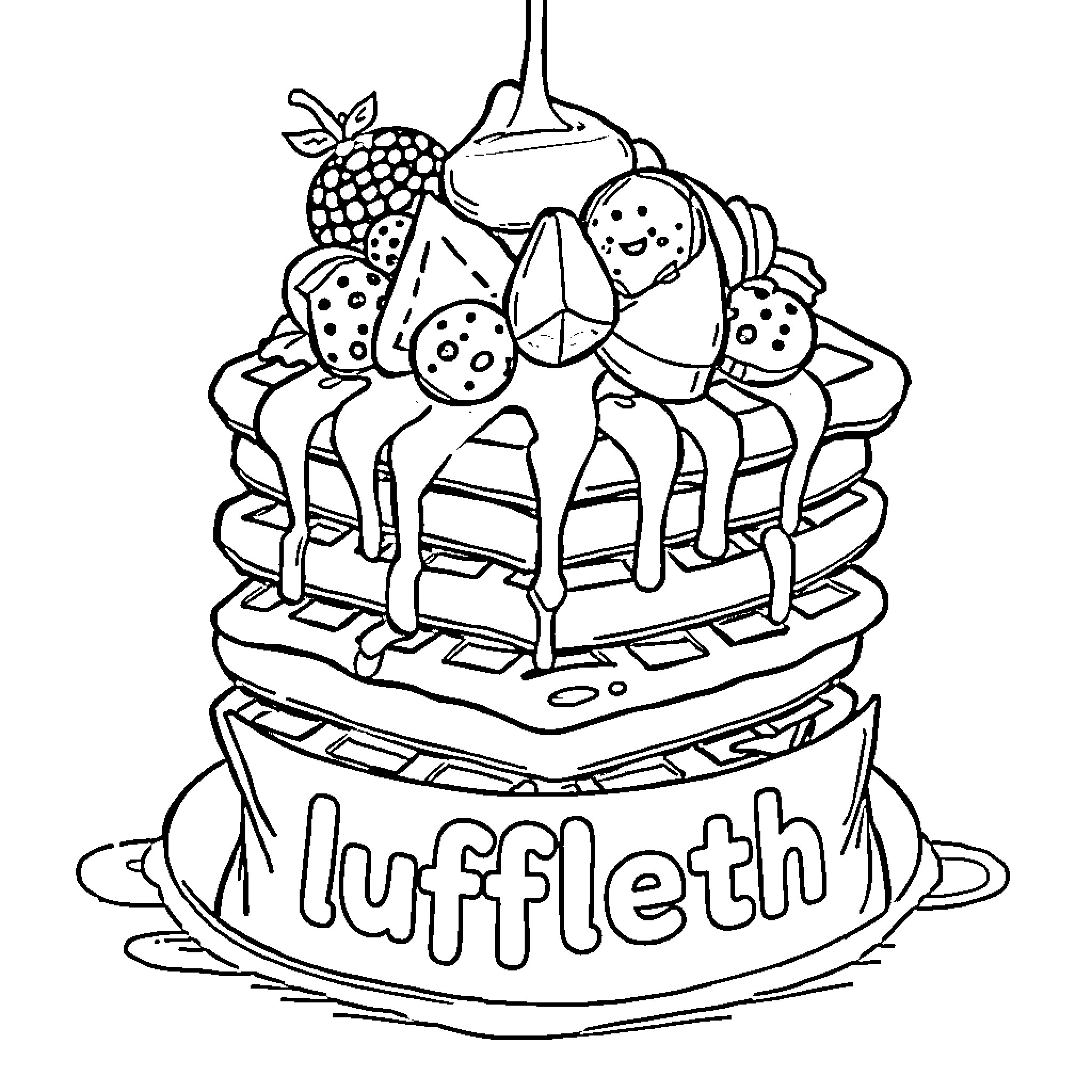 Waffle with Whimsical Sweets and Luffle Inscription Coloring Page (free black-and-white line drawing printable PDF for all, from beginners to advanced learners, including children, teens, adults, and seniors)