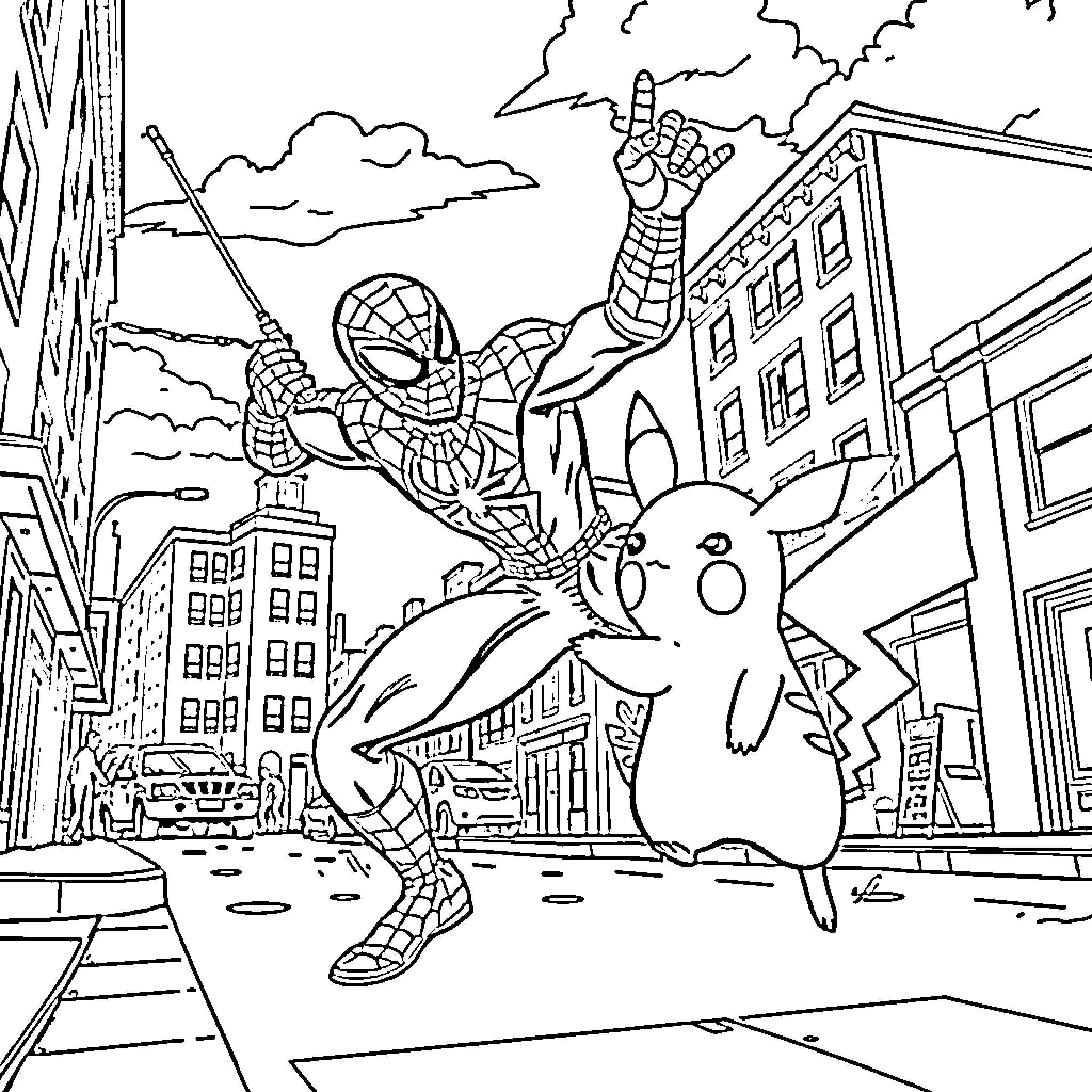 Spiderman battling a giant Pikachu in the city Coloring Page (free black-and-white line drawing printable PDF for all, from beginners to advanced learners, including children, teens, adults, and seniors)