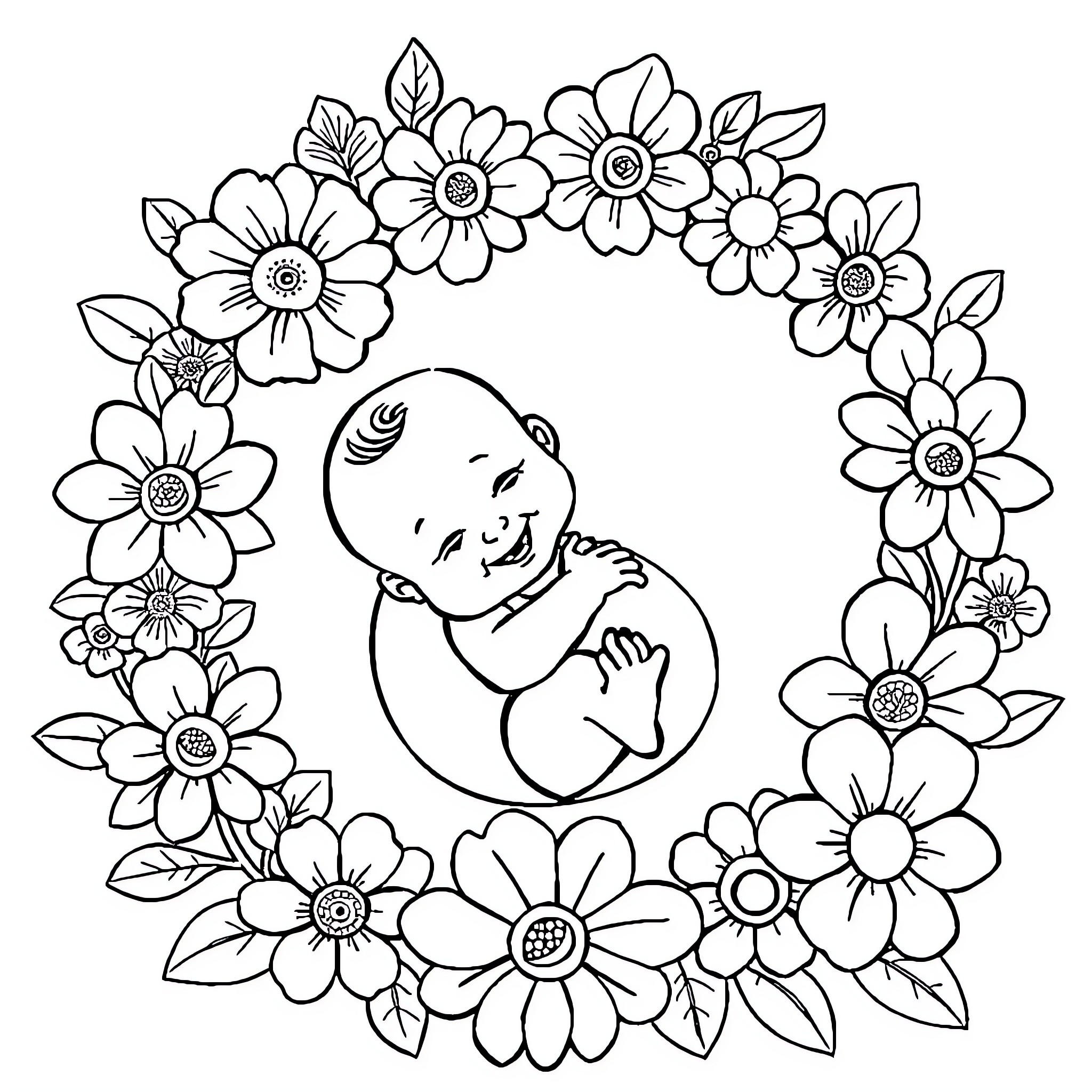 Baby surrounded by beautiful flowers Coloring Page (free black-and-white line drawing printable PDF for all, from beginners to advanced learners, including children, teens, adults, and seniors)