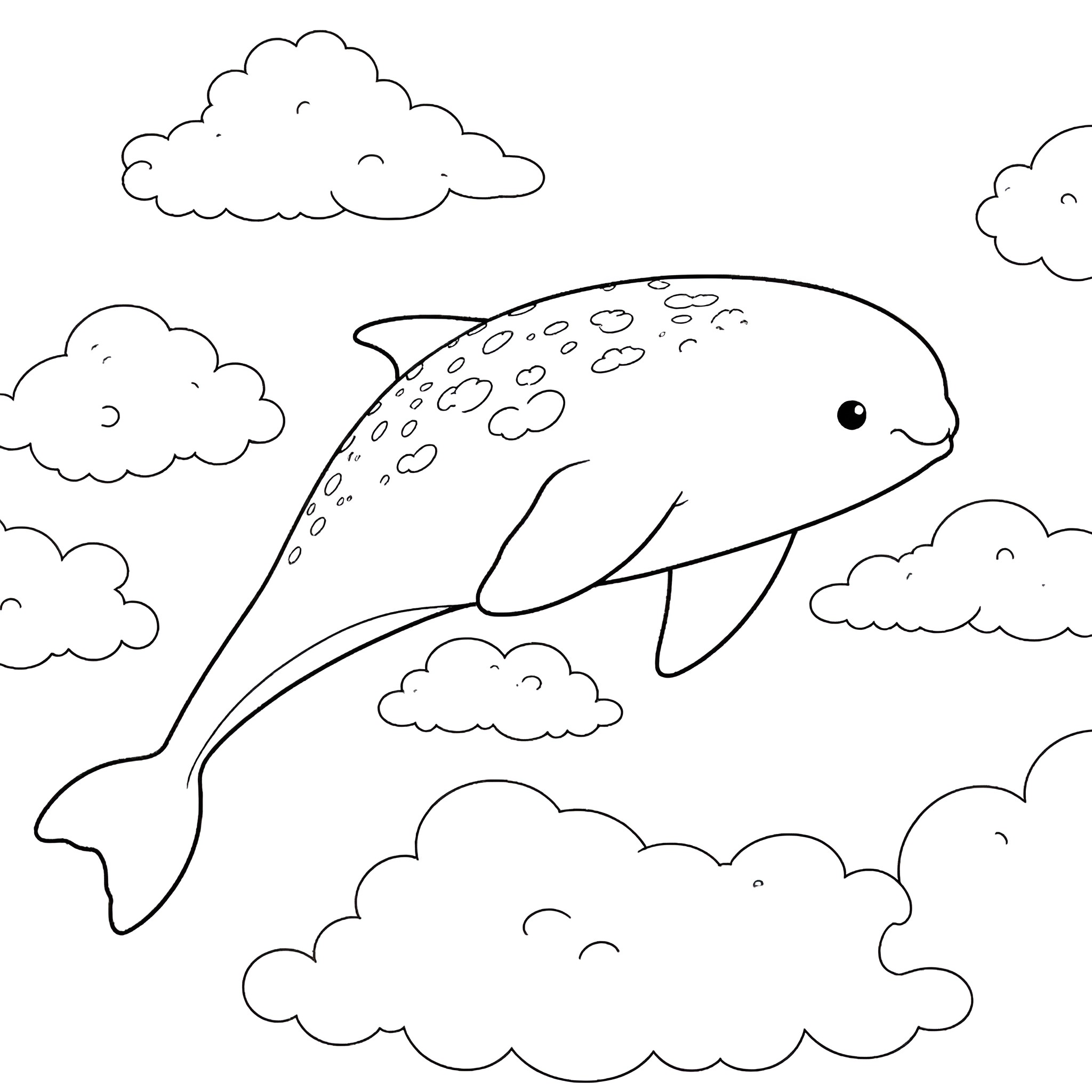 Whale swimming happily in the cloudy sky Coloring Page (free black-and-white line drawing printable PDF for all, from beginners to advanced learners, including children, teens, adults, and seniors)