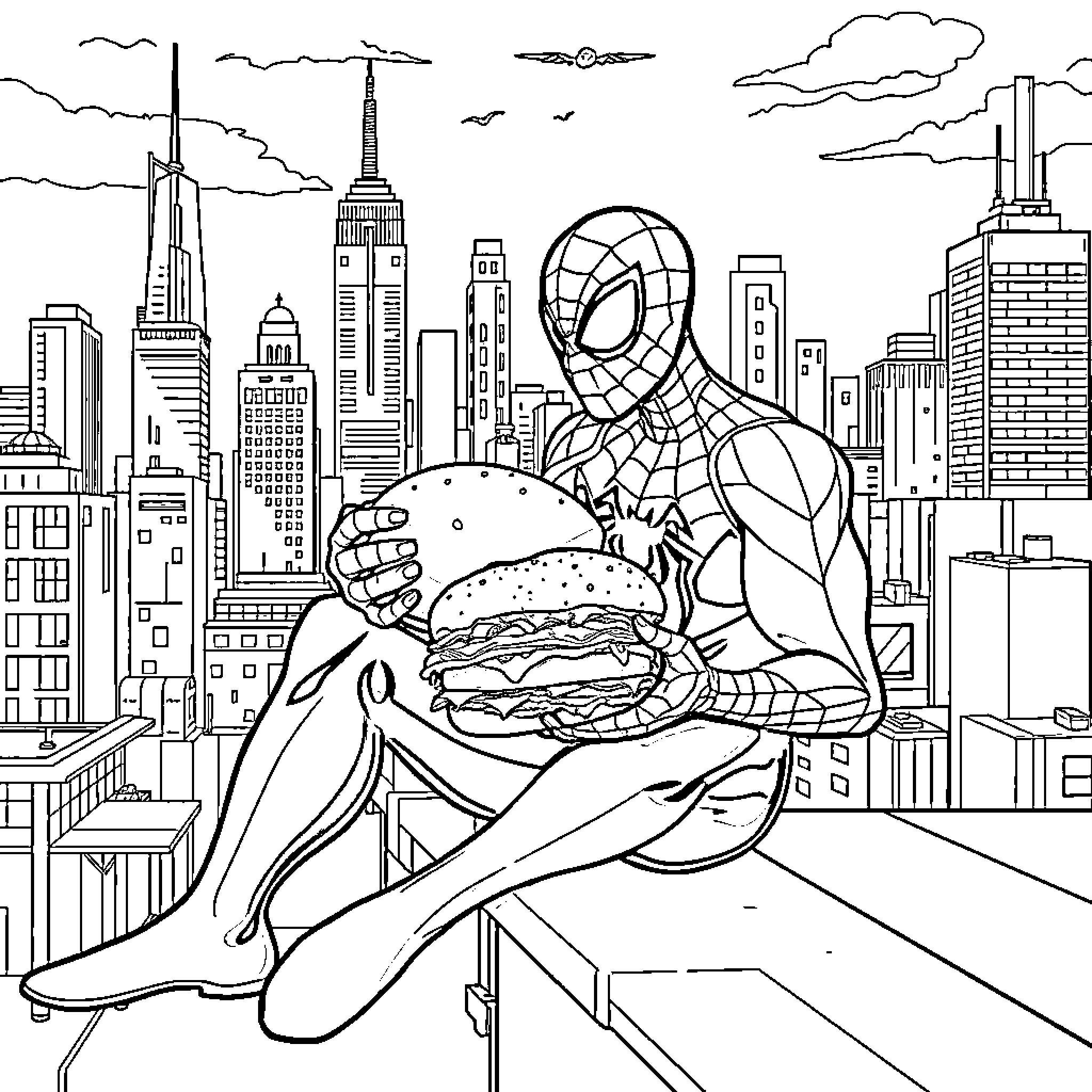 Spiderman enjoys a tasty sandwich on a skyscraper Coloring Page (free black-and-white line drawing printable PDF for all, from beginners to advanced learners, including children, teens, adults, and seniors)