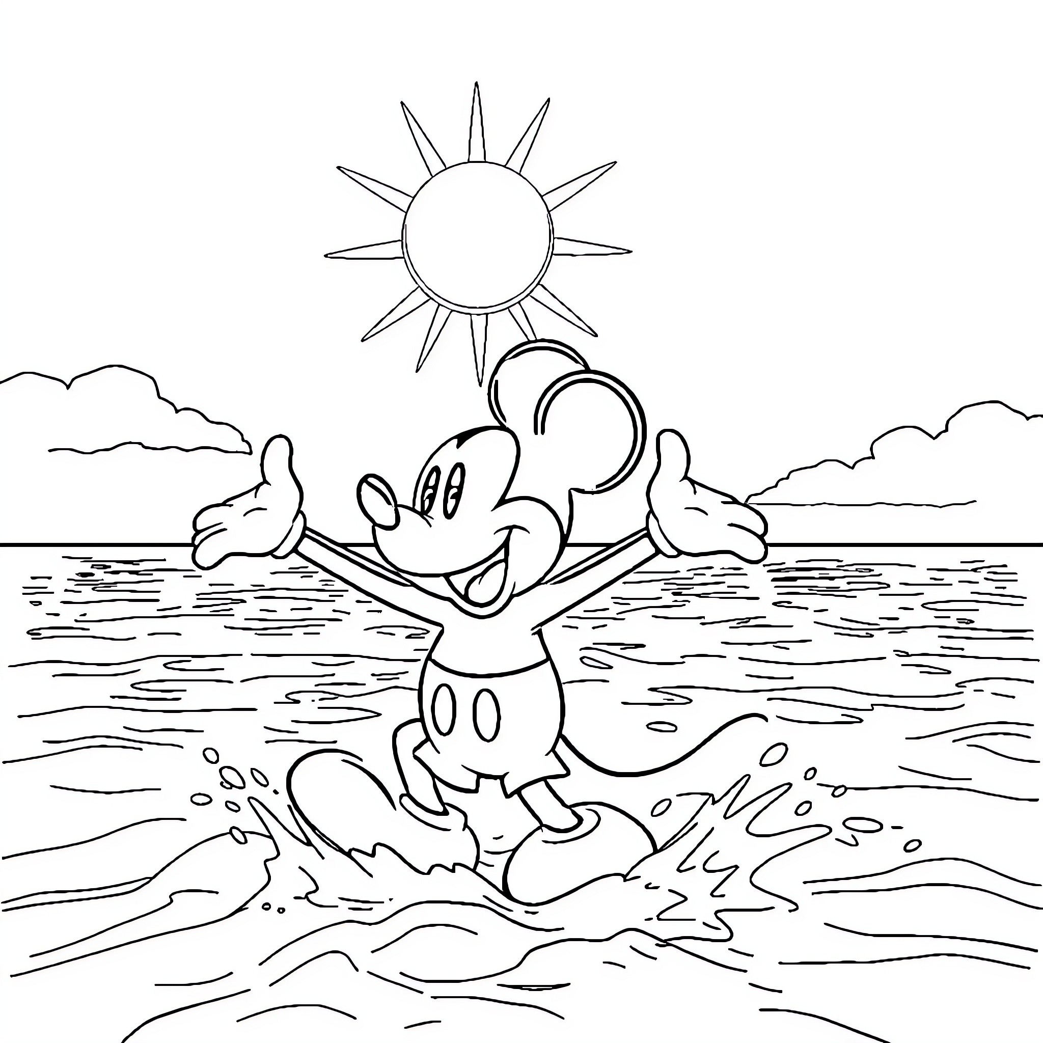 Mickey Mouse playing happily in the ocean Coloring Page (free black-and-white line drawing printable PDF for all, from beginners to advanced learners, including children, teens, adults, and seniors)