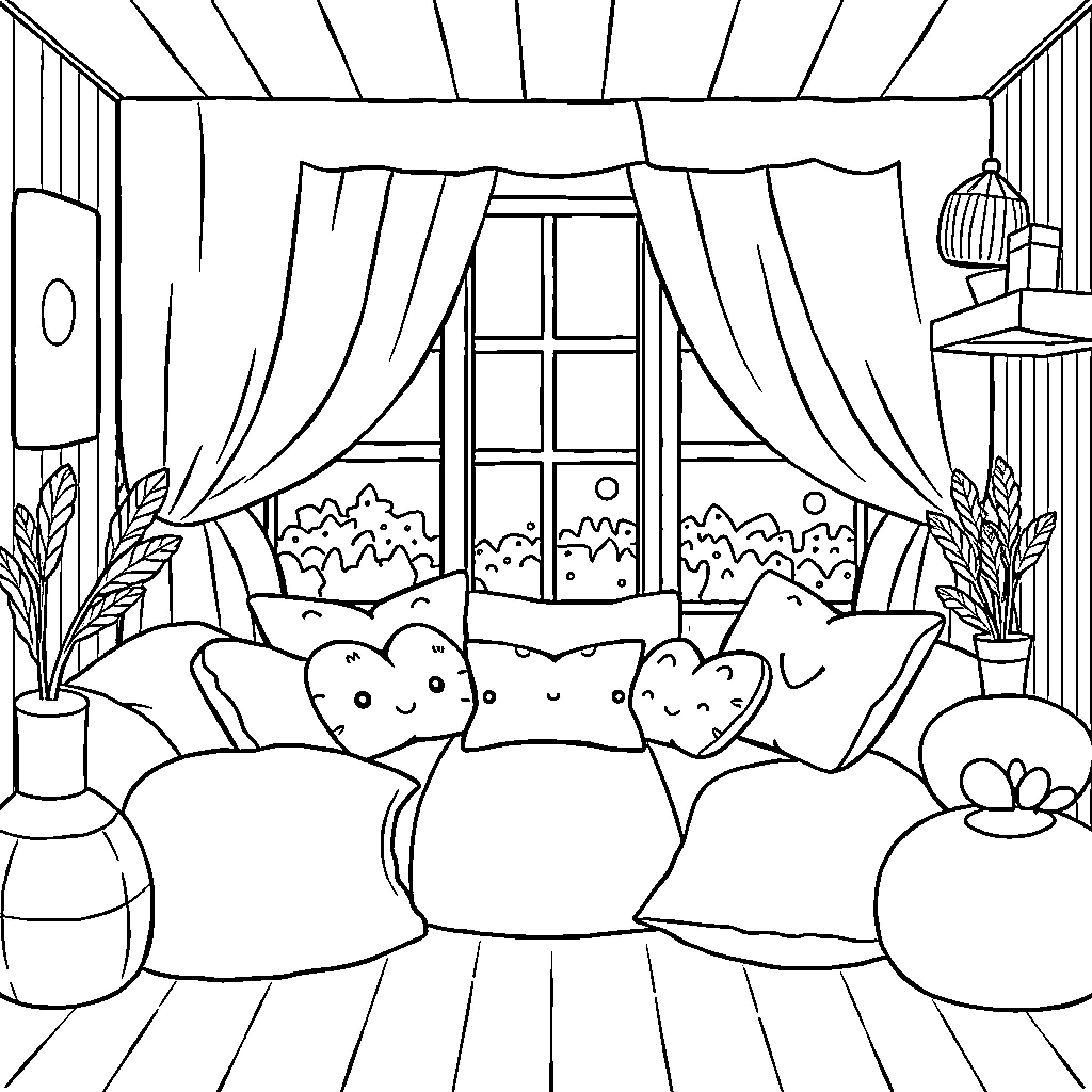 Home Cozy Indoor Scene with Plush Pillows Coloring Page (free black-and-white line drawing printable PDF for all, from beginners to advanced learners, including children, teens, adults, and seniors)