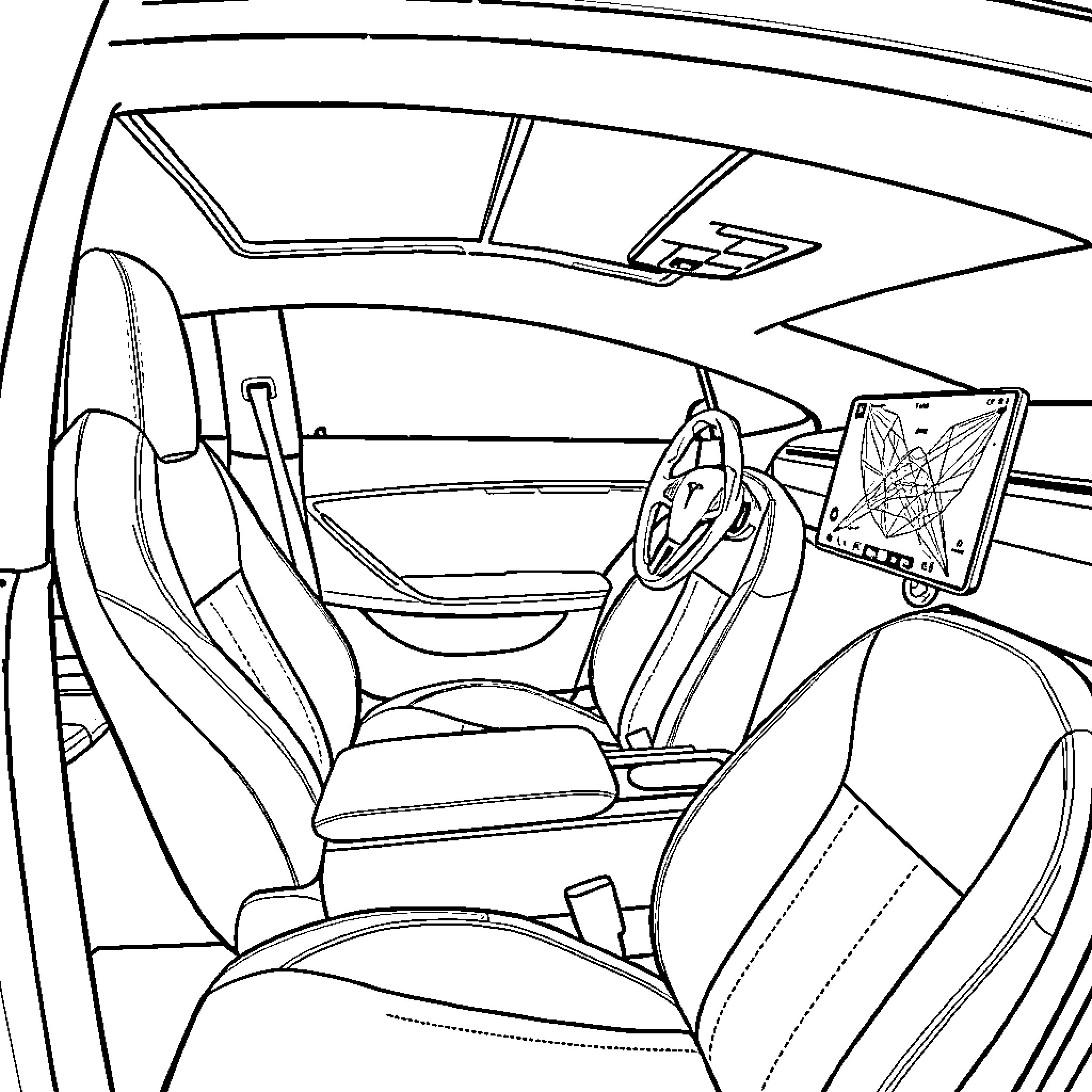 Tesla's Futuristic Interior Design Coloring Page (free black-and-white line drawing printable PDF for all, from beginners to advanced learners, including children, teens, adults, and seniors)