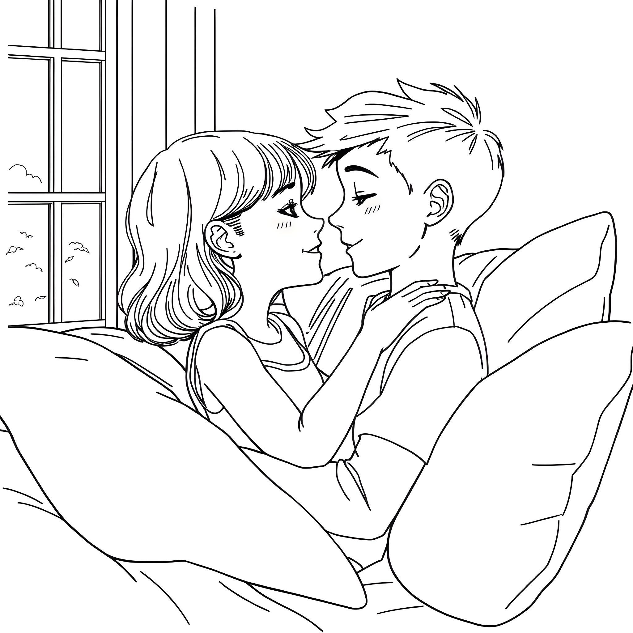 Boy and Girl Embracing on a Couch Coloring Page (free black-and-white line drawing printable PDF for all, from beginners to advanced learners, including children, teens, adults, and seniors)