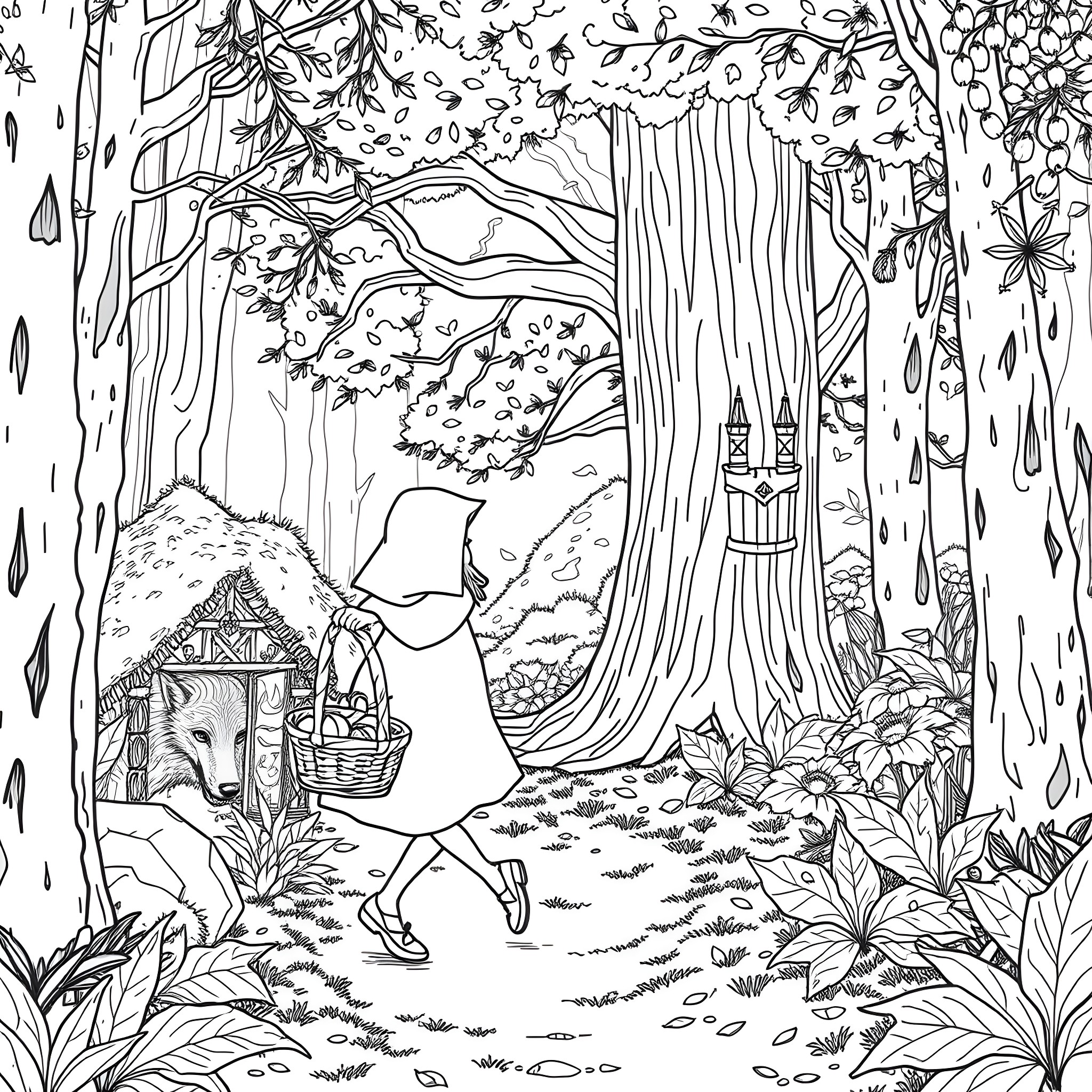 Little Red Riding Hood walks through the enchanted forest Coloring Page (free black-and-white line drawing printable PDF for all, from beginners to advanced learners, including children, teens, adults, and seniors)