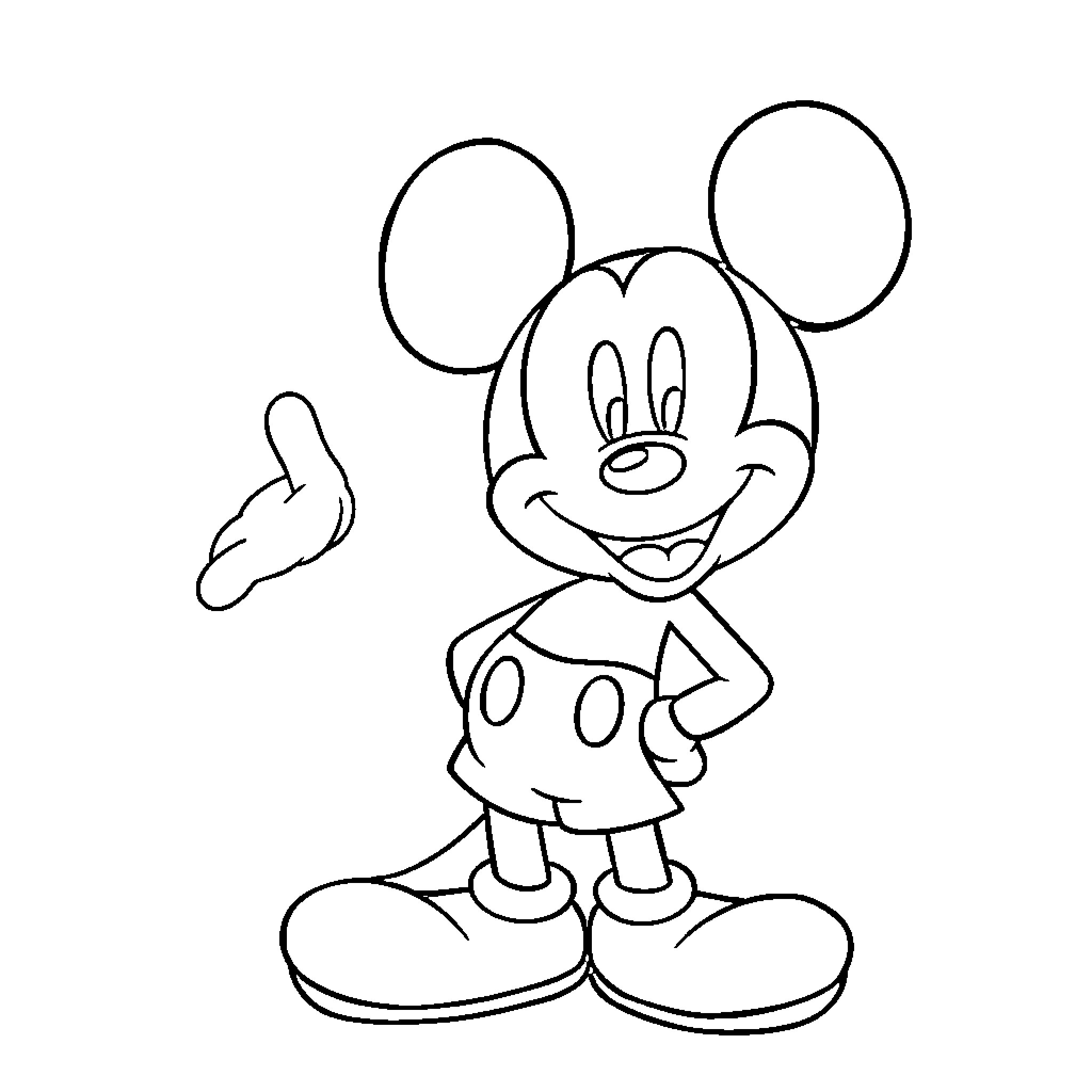 Mickey Mouse waving happily Coloring Page (free black-and-white line drawing printable PDF for all, from beginners to advanced learners, including children, teens, adults, and seniors)