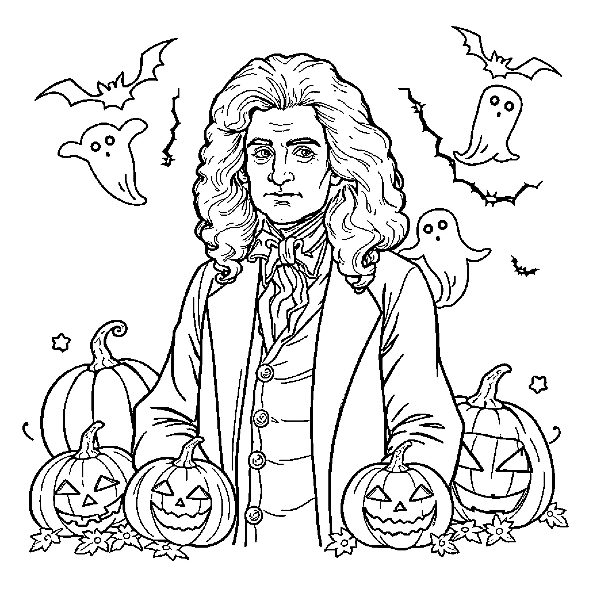 Isaac Newton celebrates Halloween with pumpkins and ghosts Coloring Page (free black-and-white line drawing printable PDF for all, from beginners to advanced learners, including children, teens, adults, and seniors)