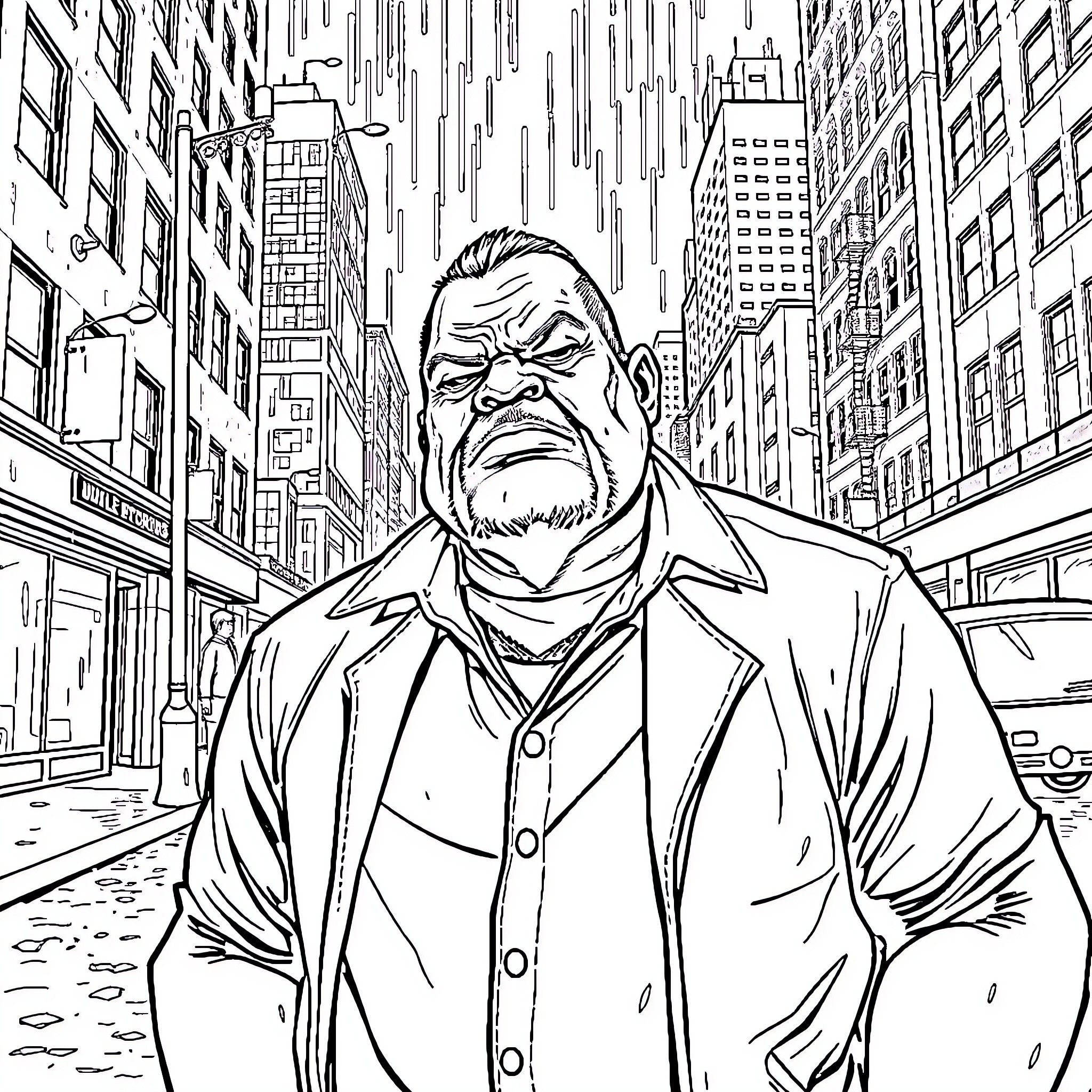 Uncle Ruckus strolling through the bustling city Coloring Page (free black-and-white line drawing printable PDF for all, from beginners to advanced learners, including children, teens, adults, and seniors)