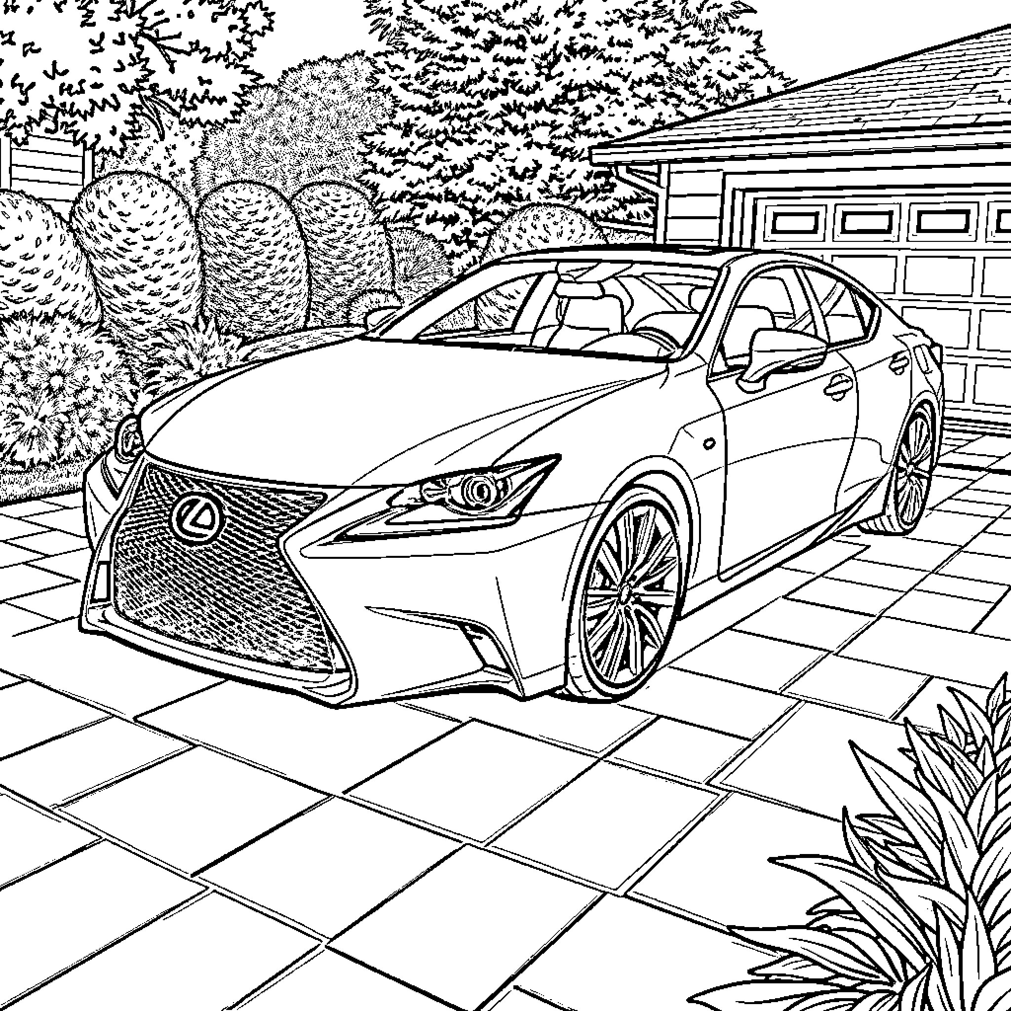 Lexus vehicle parked in front of residential home Coloring Page (free black-and-white line drawing printable PDF for all, from beginners to advanced learners, including children, teens, adults, and seniors)