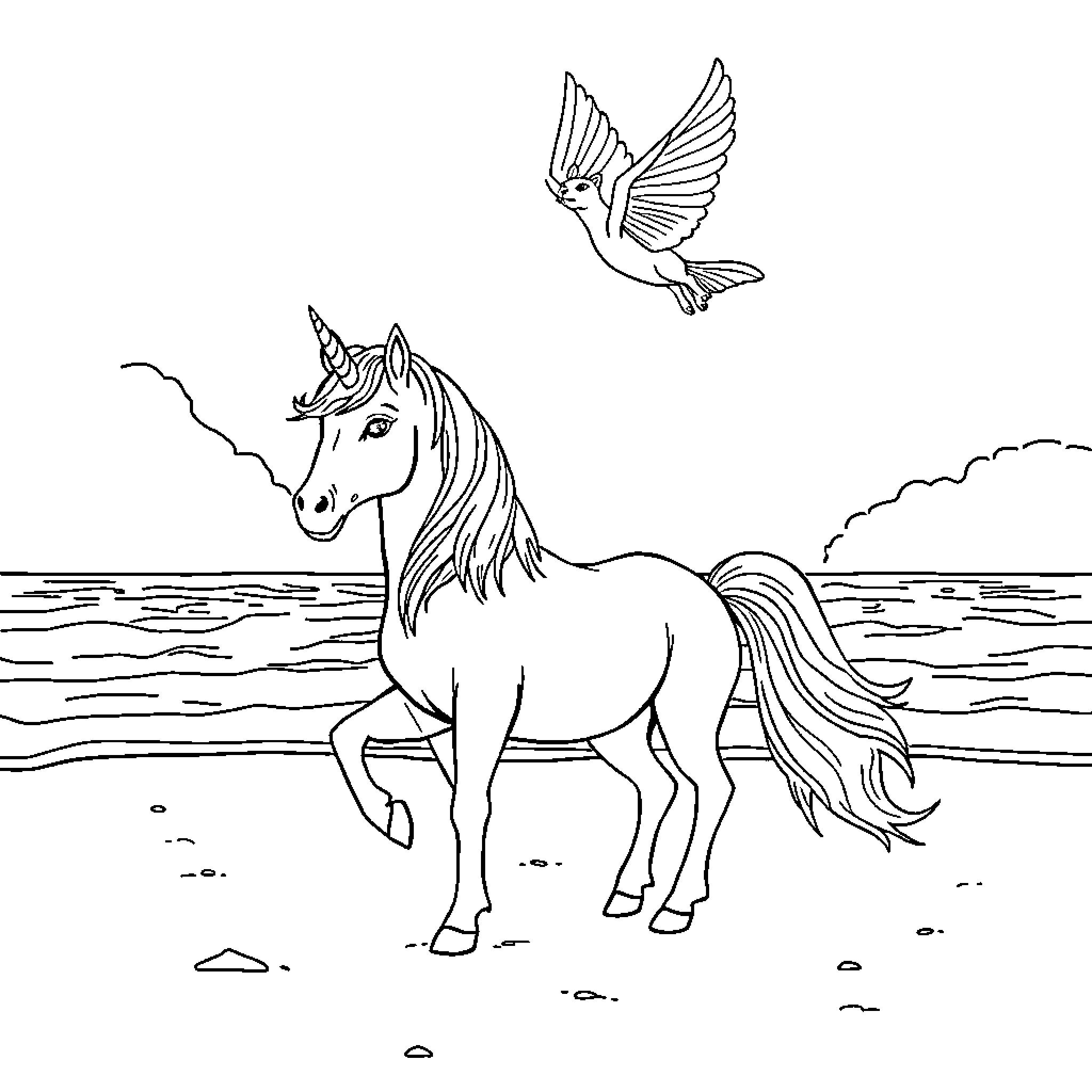 Unicorn galloping peacefully by the shore Coloring Page (free black-and-white line drawing printable PDF for all, from beginners to advanced learners, including children, teens, adults, and seniors)