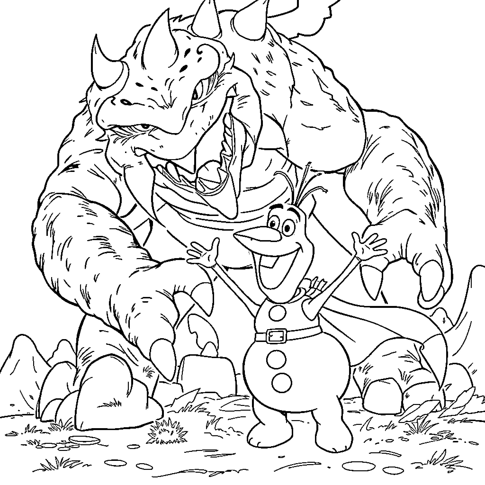 Olaf and the Monstrous Snow Creature in the Forest Coloring Page (free black-and-white line drawing printable PDF for all, from beginners to advanced learners, including children, teens, adults, and seniors)