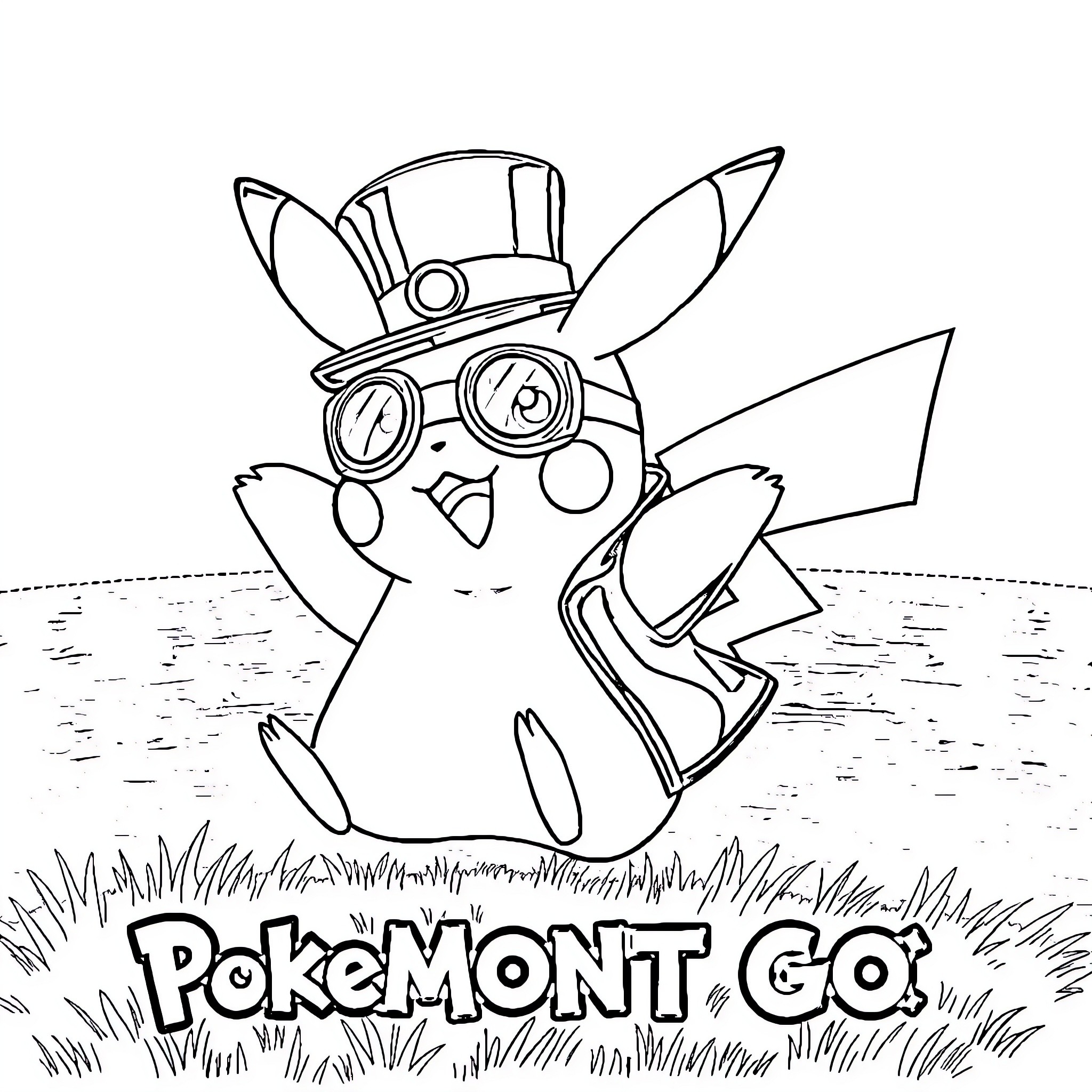 Pikachu playing with Pokémon GO gear in the field Coloring Page (free black-and-white line drawing printable PDF for all, from beginners to advanced learners, including children, teens, adults, and seniors)