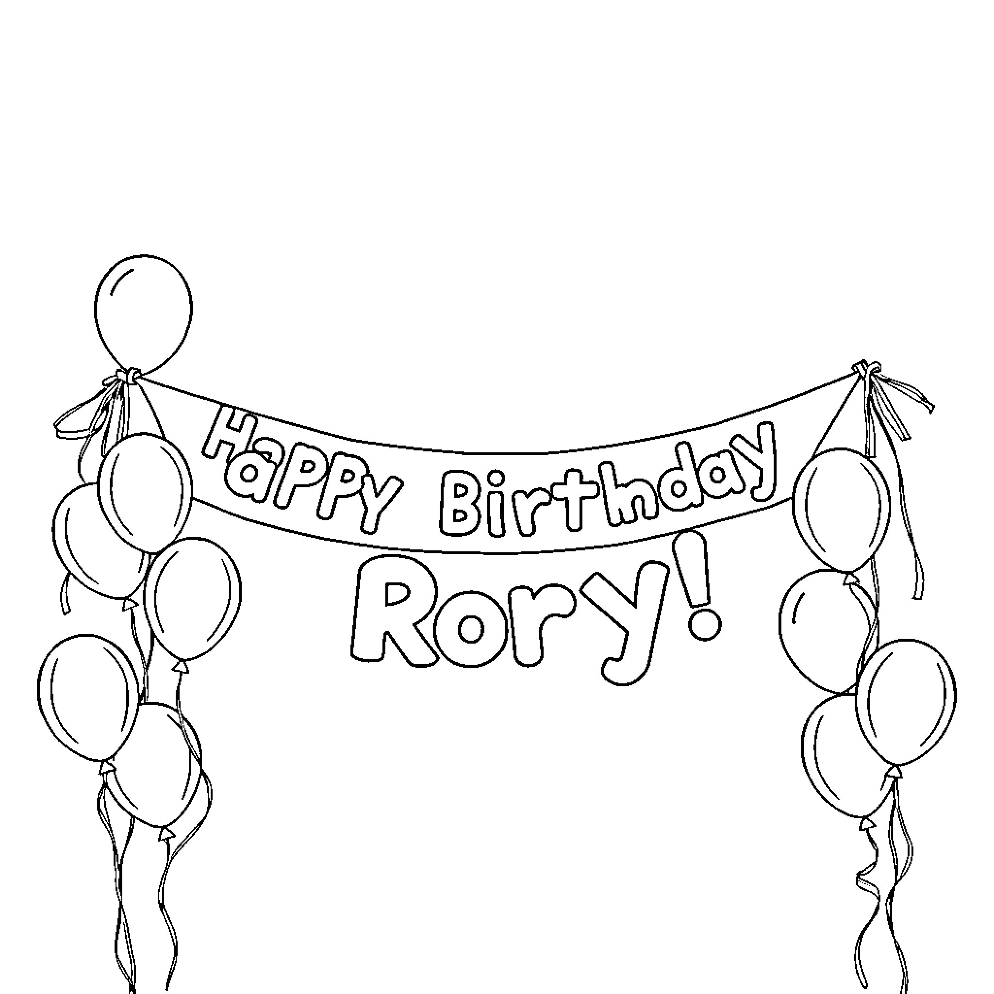 Birthday celebration with balloons for Rory Coloring Page (free black-and-white line drawing printable PDF for all, from beginners to advanced learners, including children, teens, adults, and seniors)