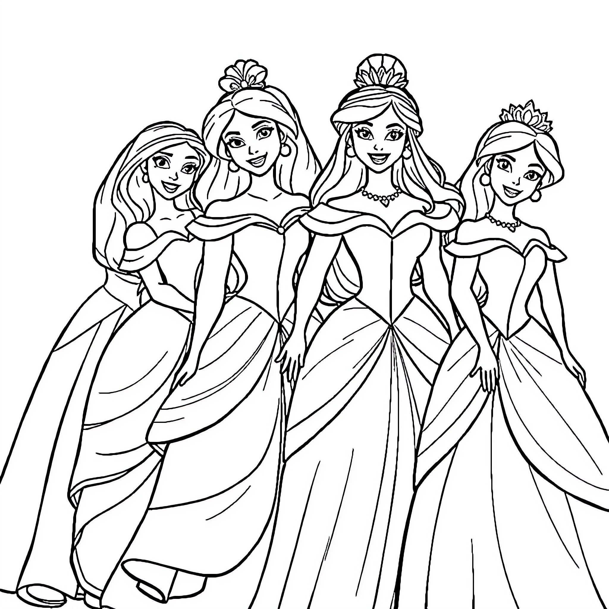 Disney Princess Elegant Gowns and Crowns Coloring Page (free black-and-white line drawing printable PDF for all, from beginners to advanced learners, including children, teens, adults, and seniors)