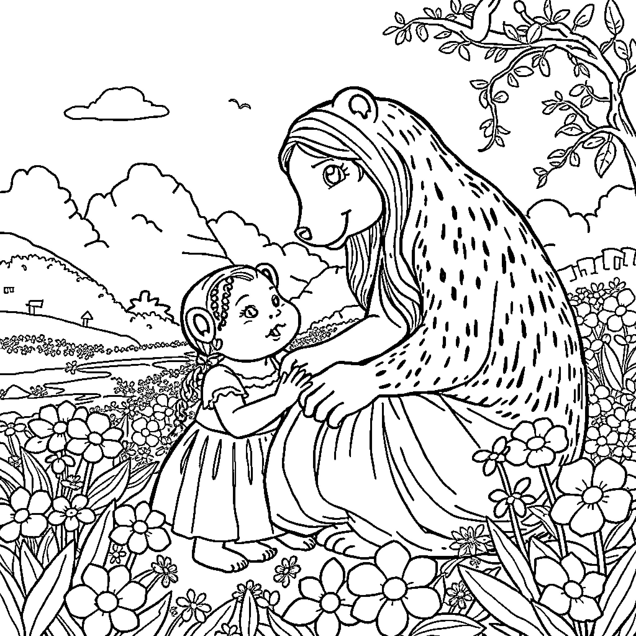Capybara comforting a young child in a flowery meadow Coloring Page (free black-and-white line drawing printable PDF for all, from beginners to advanced learners, including children, teens, adults, and seniors)