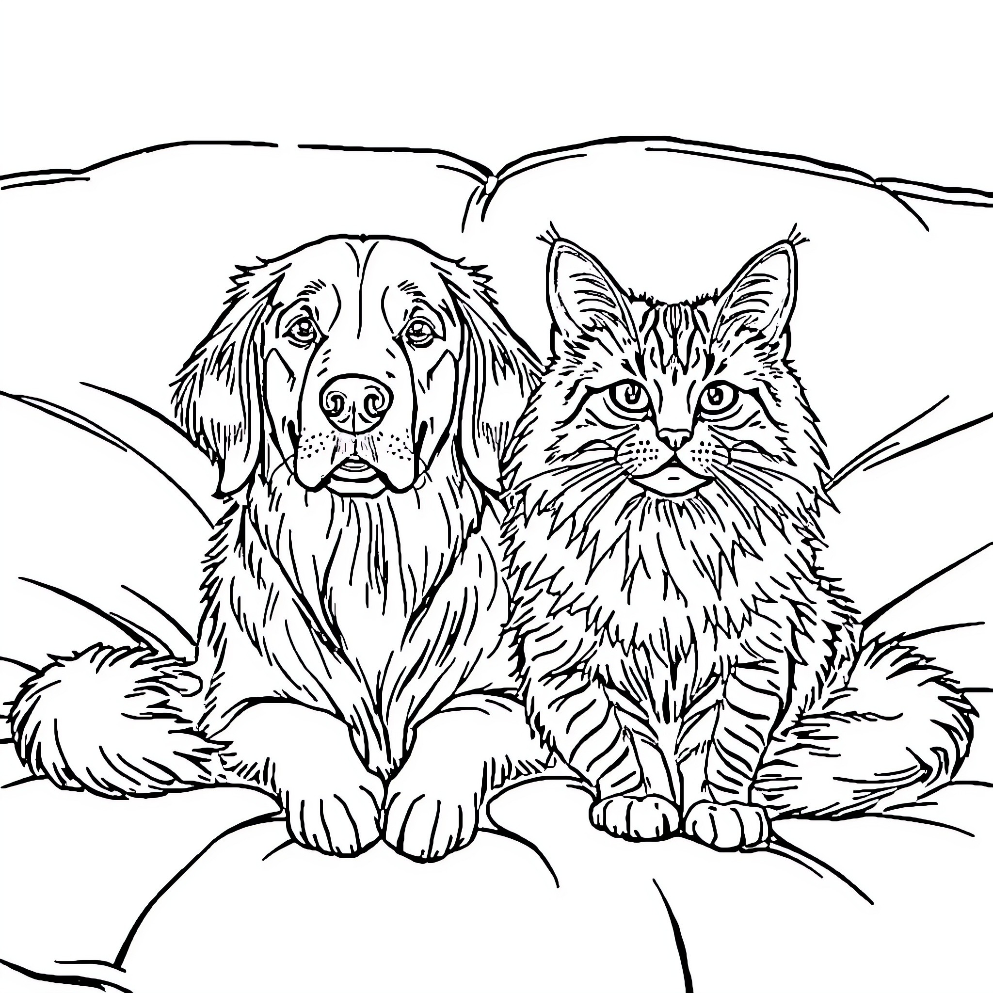 Golden Retriever and Cat Resting Together Coloring Page (free black-and-white line drawing printable PDF for all, from beginners to advanced learners, including children, teens, adults, and seniors)