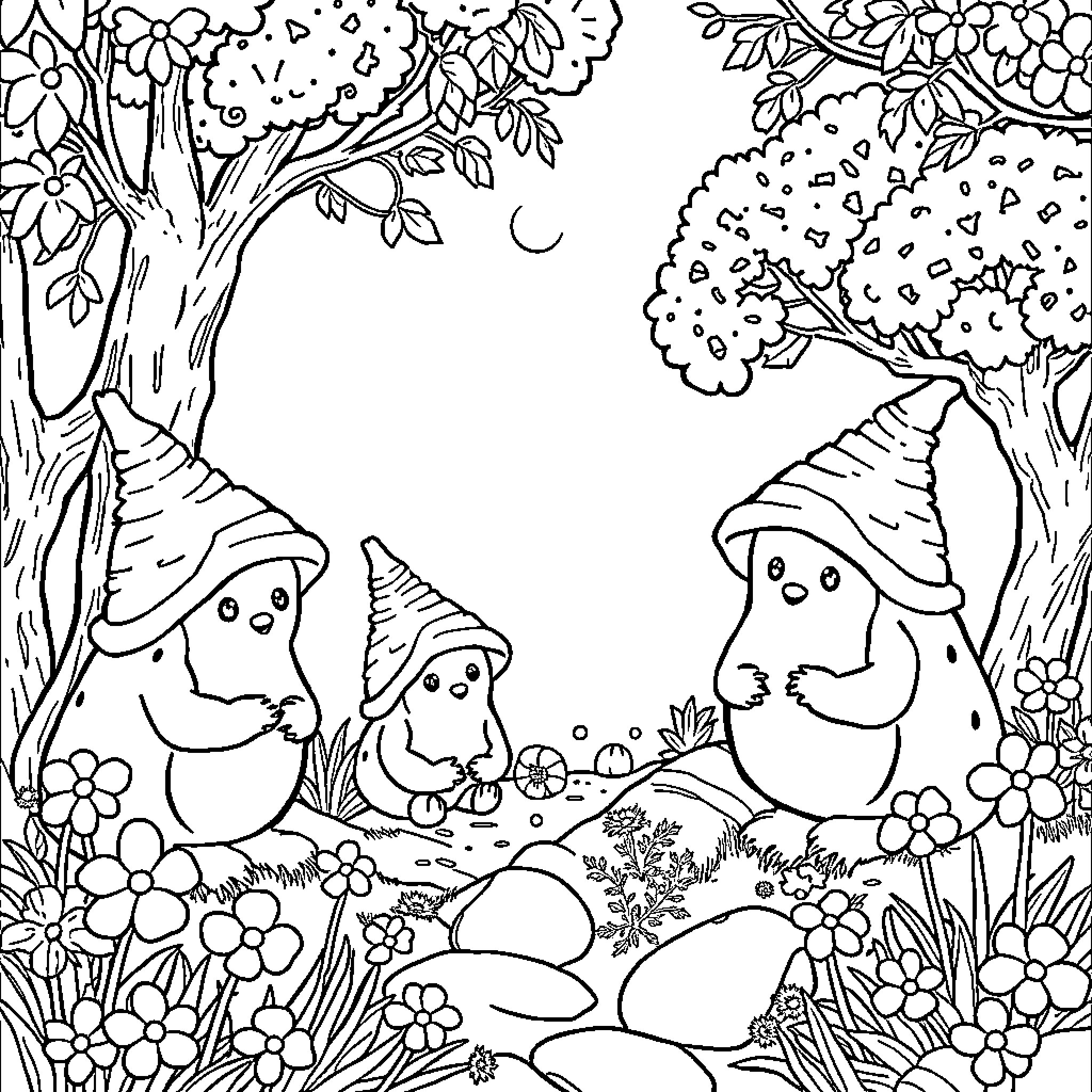 Smurf friends exploring the enchanted forest Coloring Page (free black-and-white line drawing printable PDF for all, from beginners to advanced learners, including children, teens, adults, and seniors)