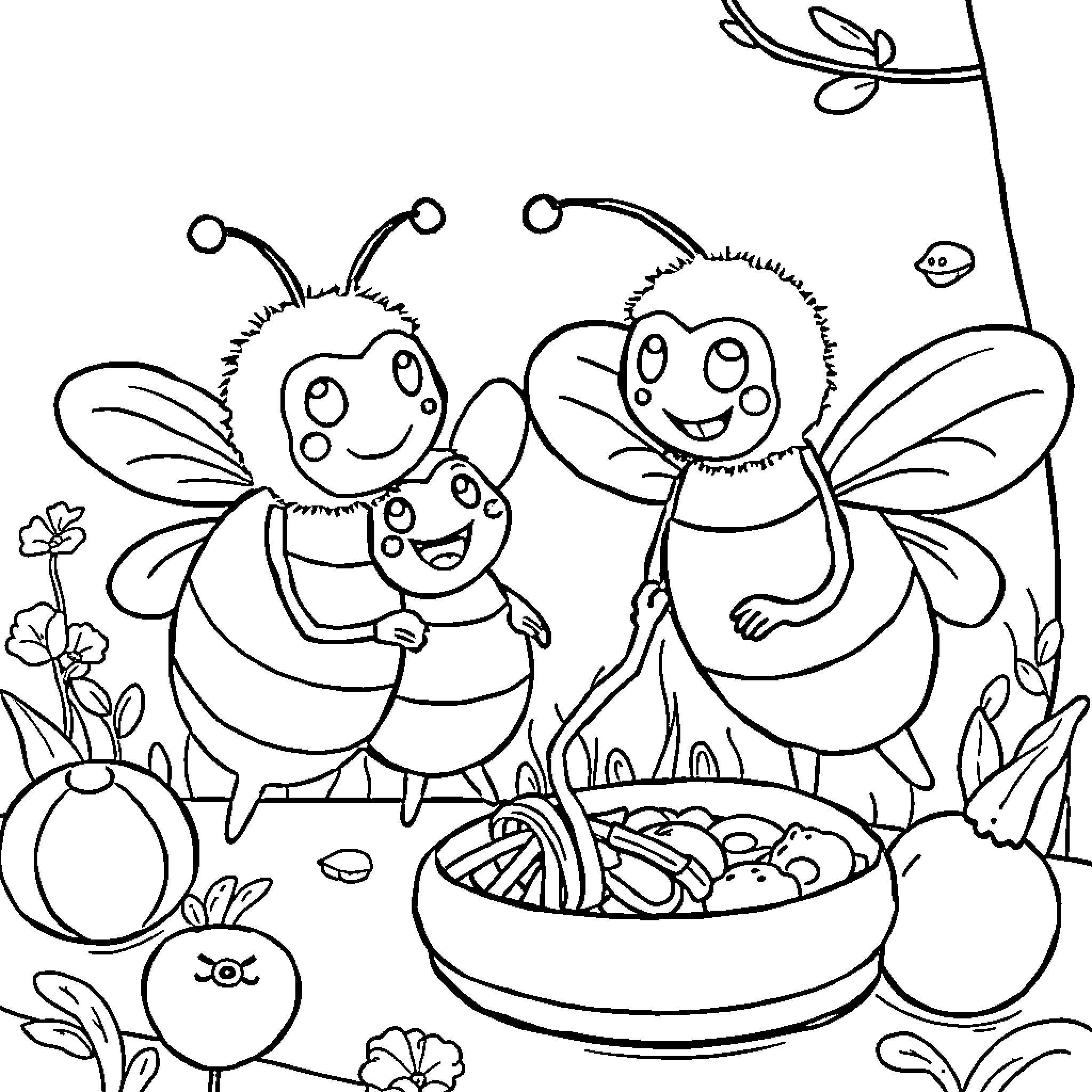 Bumble Nums Having Fun in the Garden Coloring Page (free black-and-white line drawing printable PDF for all, from beginners to advanced learners, including children, teens, adults, and seniors)