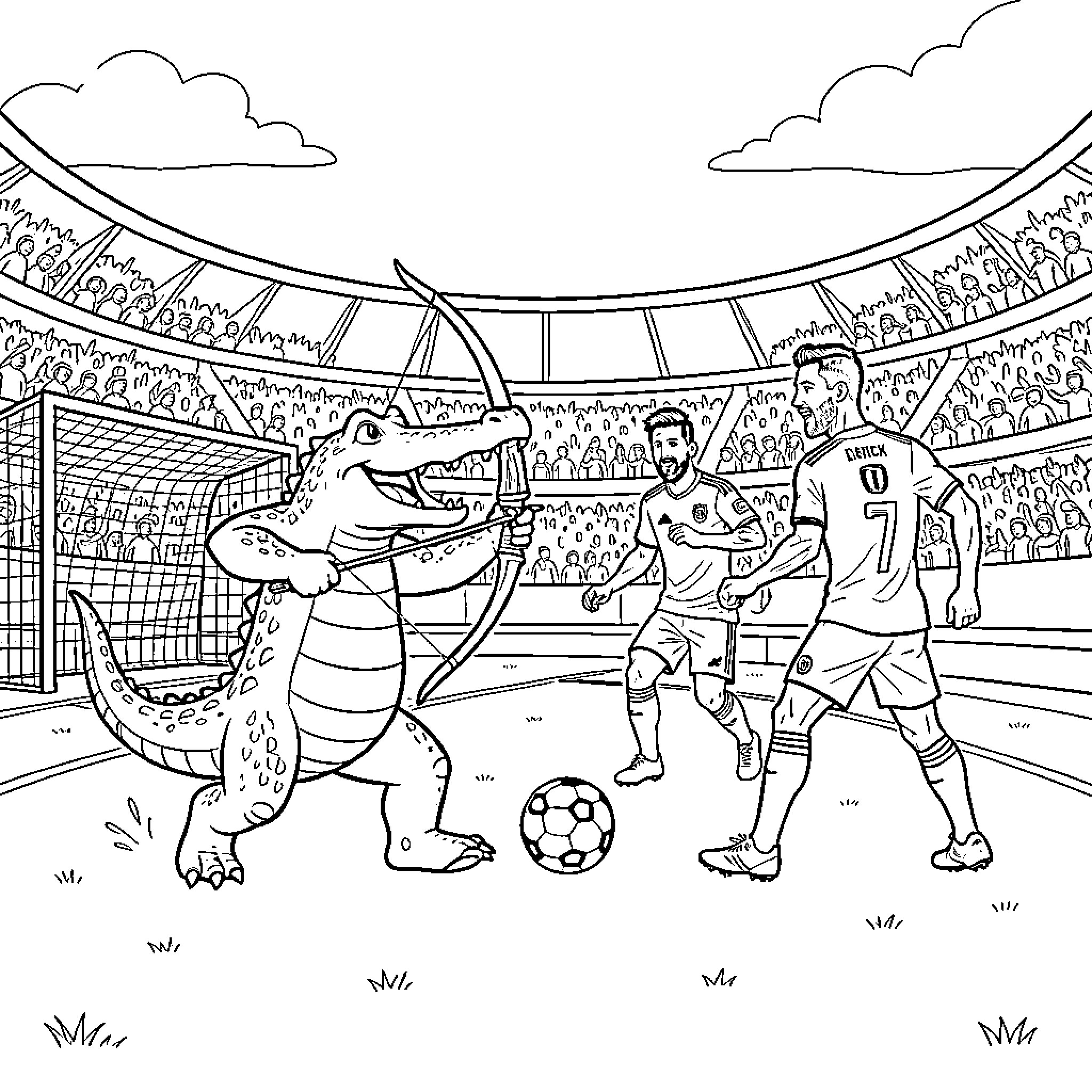 Cocodrilo using a bow and arrow in a stadium Coloring Page (free black-and-white line drawing printable PDF for all, from beginners to advanced learners, including children, teens, adults, and seniors)