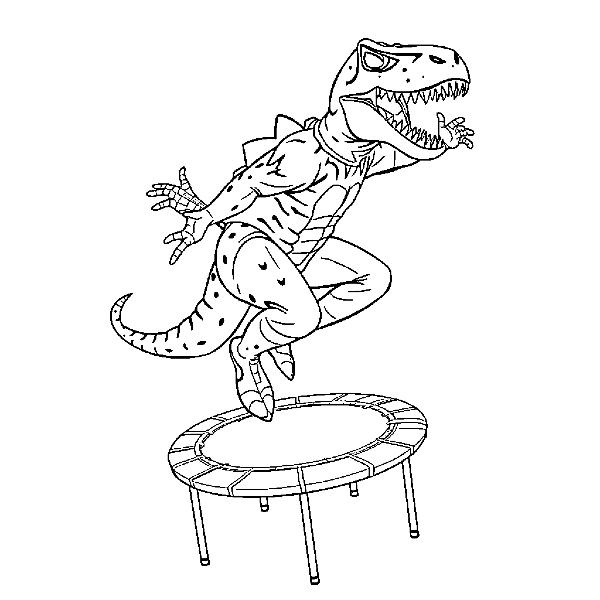 Spiderman T-Rex jumping on trampoline Coloring Page (free black-and-white line drawing printable PDF for all, from beginners to advanced learners, including children, teens, adults, and seniors)