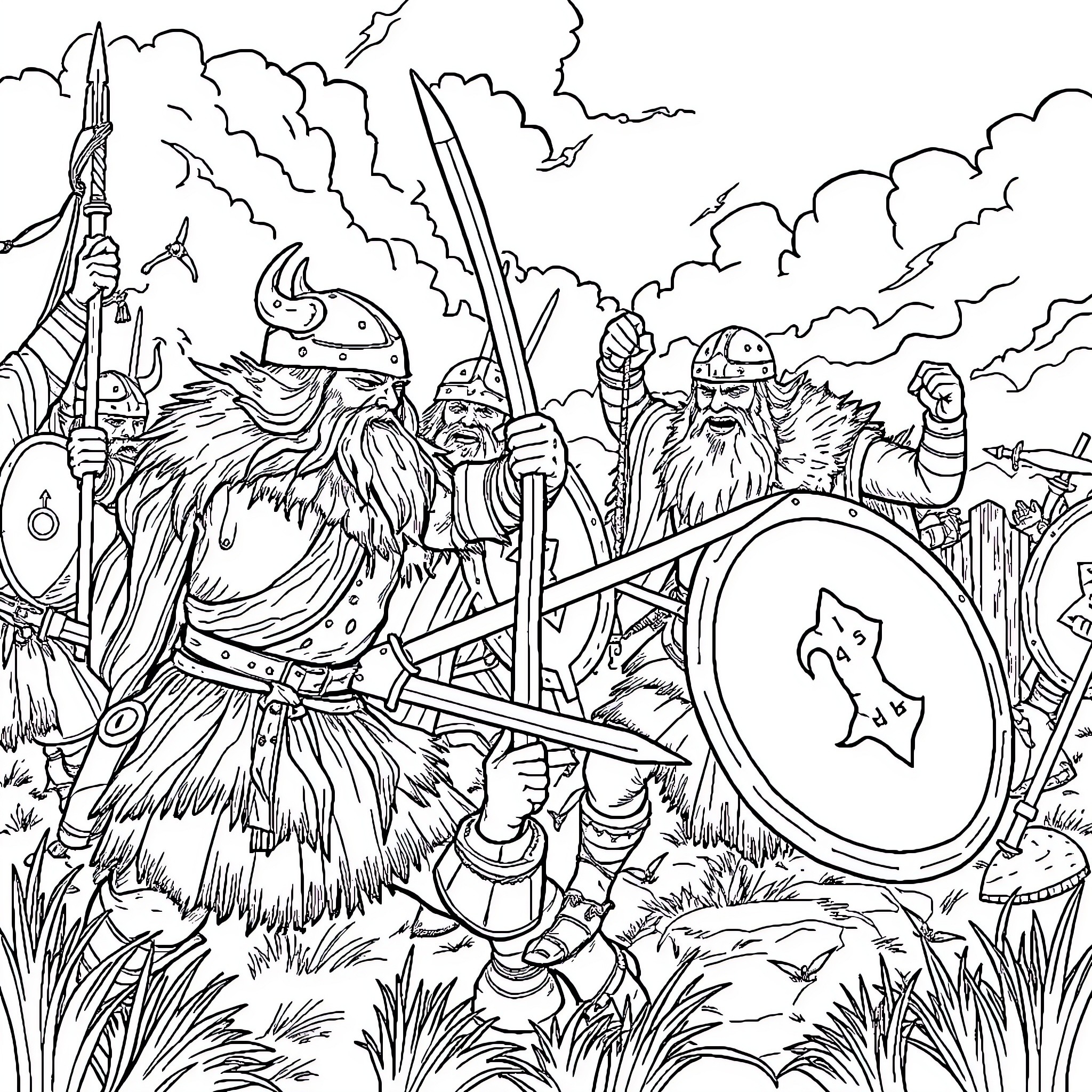 Viking warriors engaged in fierce battle Coloring Page (free black-and-white line drawing printable PDF for all, from beginners to advanced learners, including children, teens, adults, and seniors)