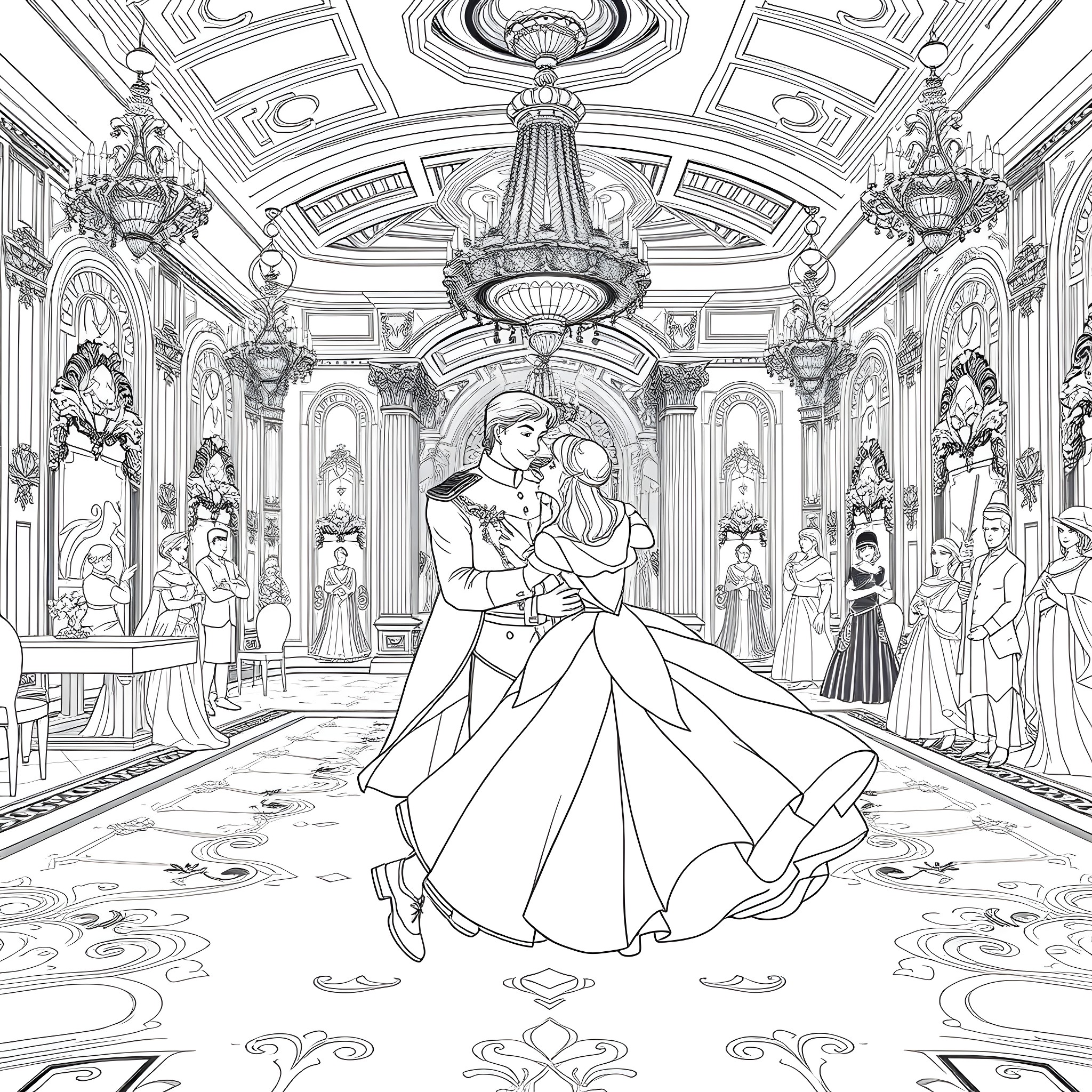 Cinderella's Enchanting Ball in the Grand Palace Coloring Page (free black-and-white line drawing printable PDF for all, from beginners to advanced learners, including children, teens, adults, and seniors)