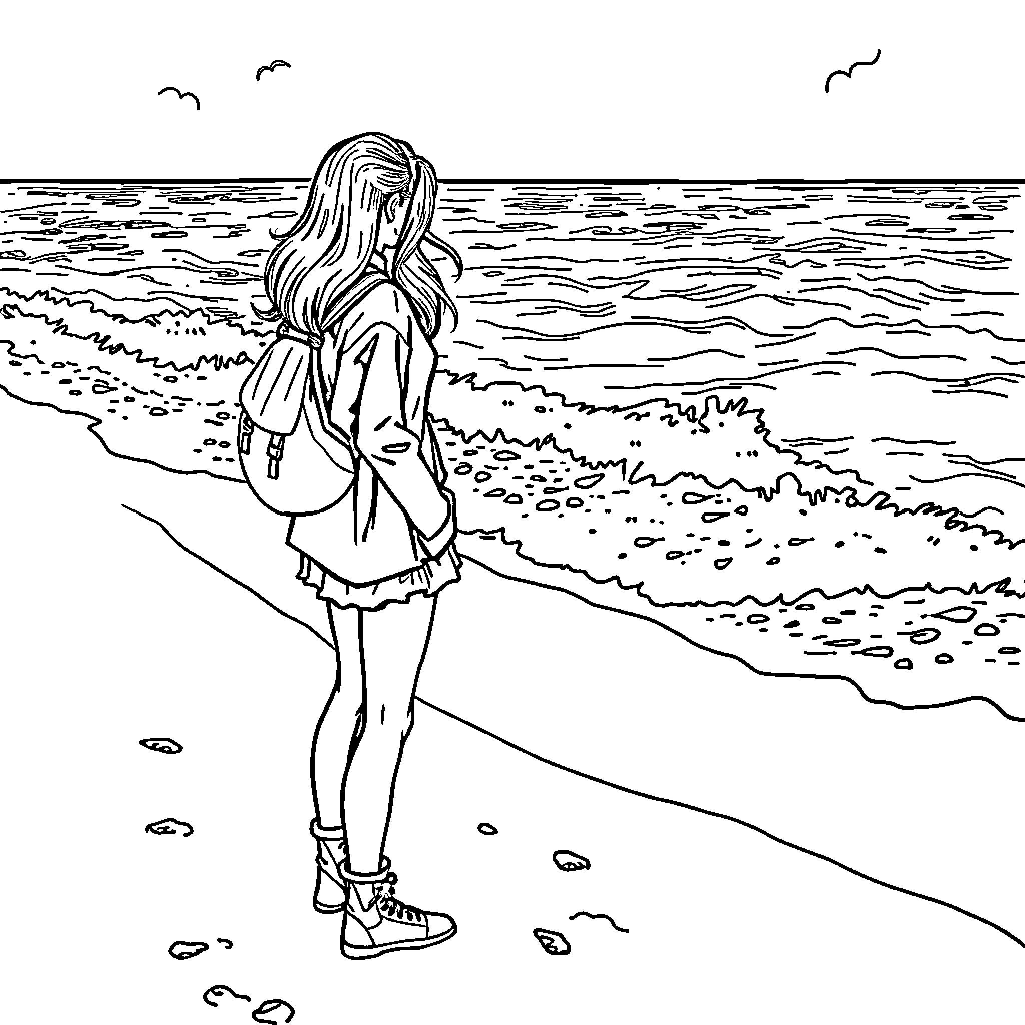 Girl gazing at the ocean in contemplation Coloring Page (free black-and-white line drawing printable PDF for all, from beginners to advanced learners, including children, teens, adults, and seniors)