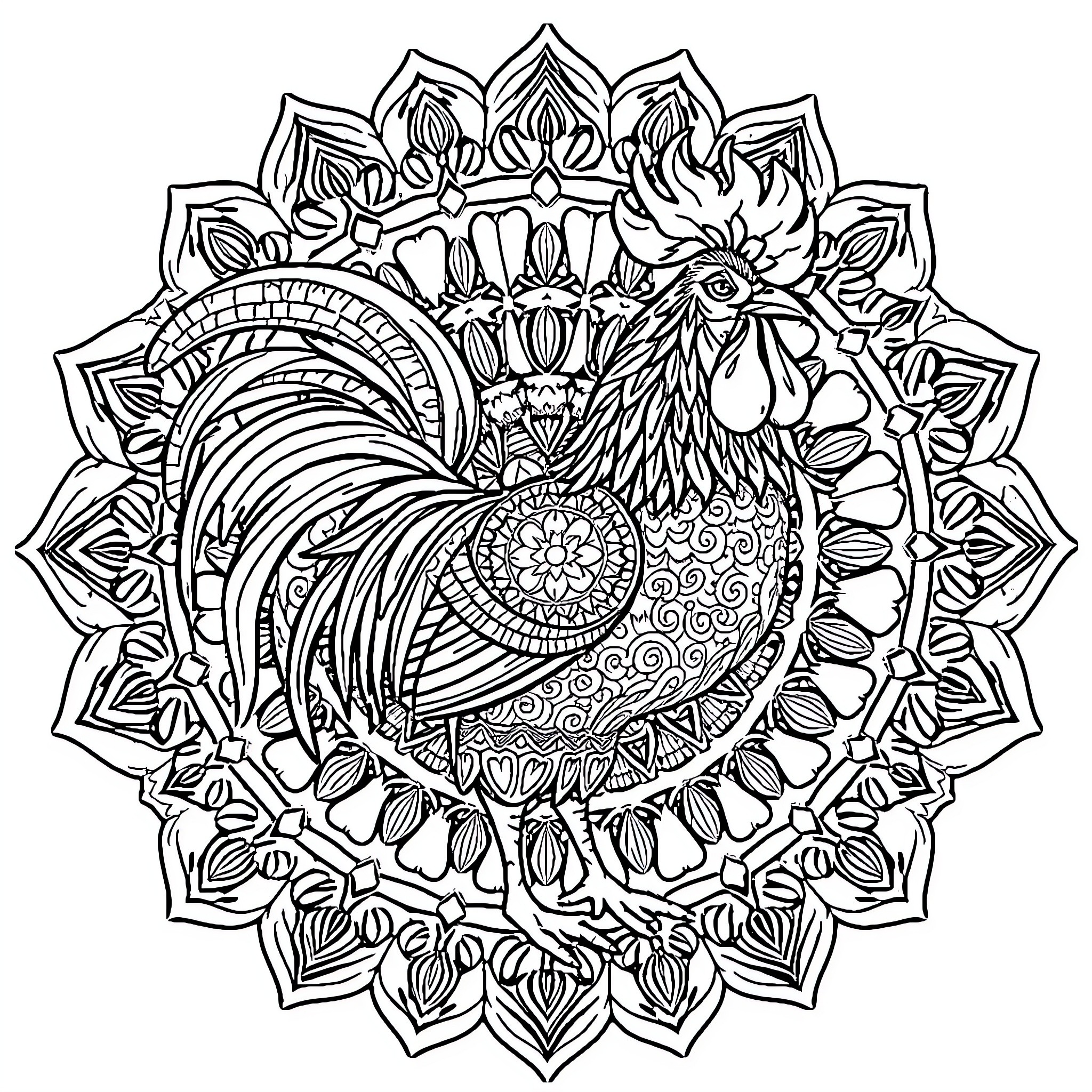 Rooster in ornate floral mandala design Coloring Page (free black-and-white line drawing printable PDF for all, from beginners to advanced learners, including children, teens, adults, and seniors)