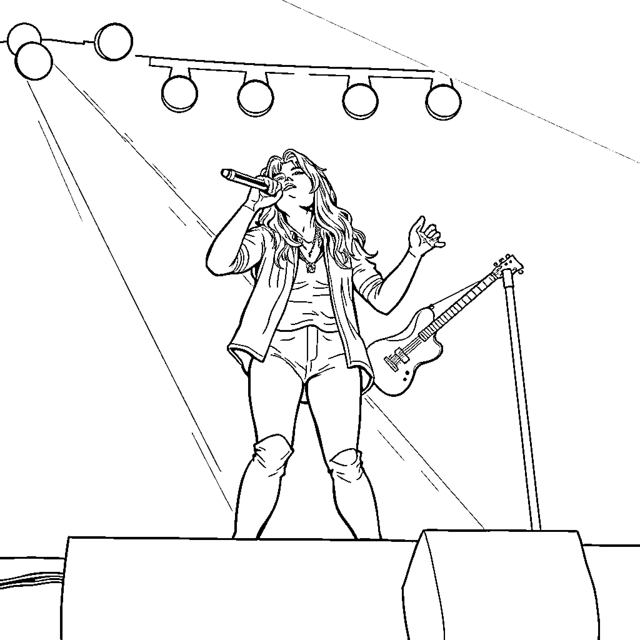 Huntrix Performing on Stage with Guitar Coloring Page (free black-and-white line drawing printable PDF for all, from beginners to advanced learners, including children, teens, adults, and seniors)