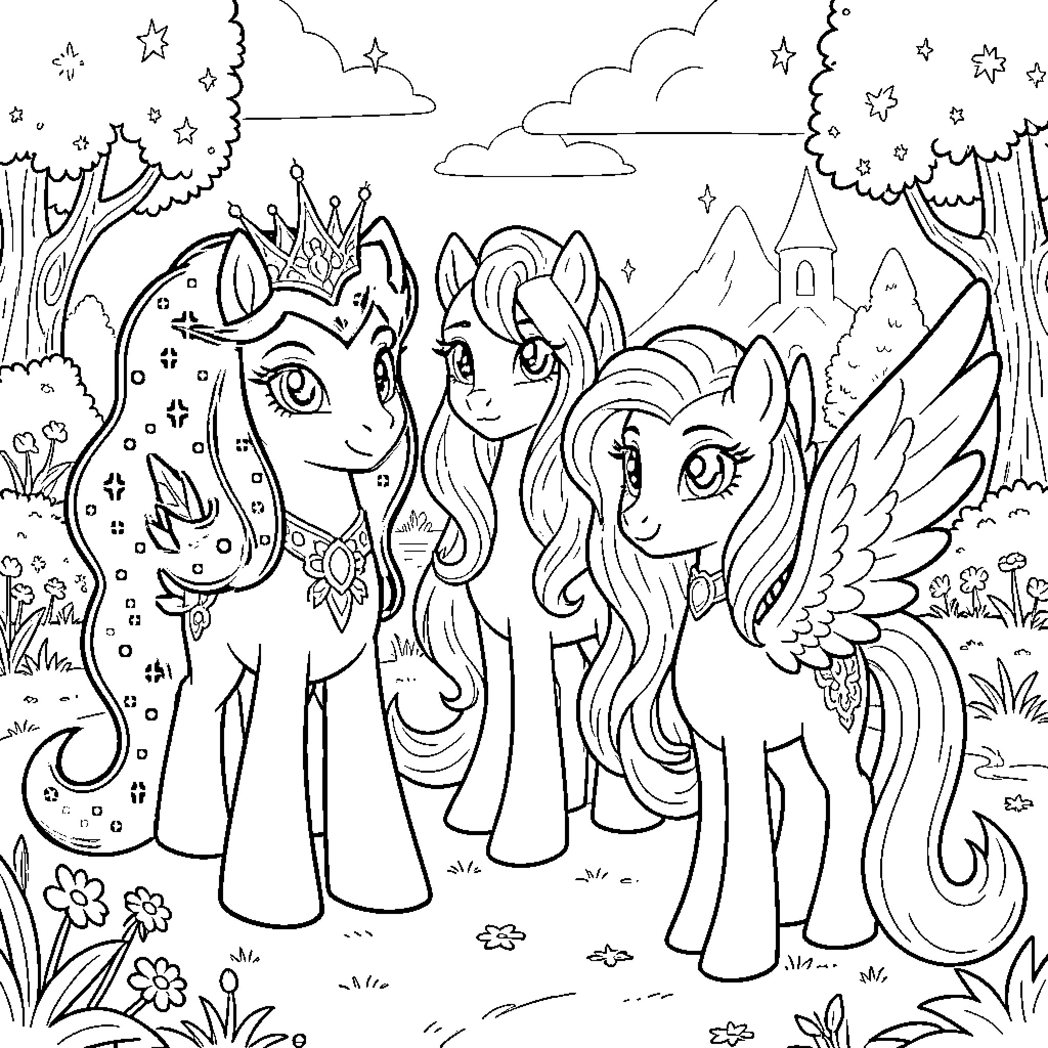Pony friends exploring the magical forest Coloring Page (free black-and-white line drawing printable PDF for all, from beginners to advanced learners, including children, teens, adults, and seniors)
