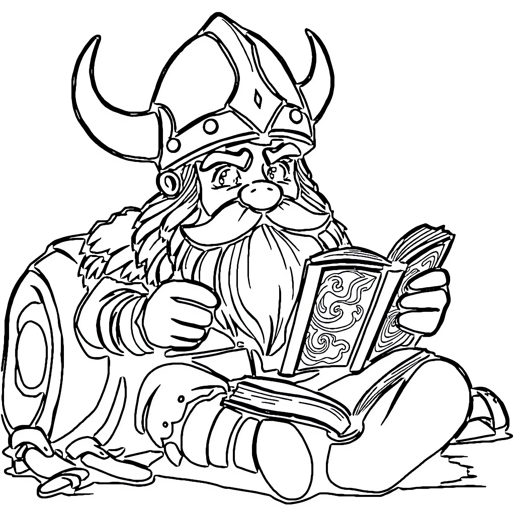 Viking Dwarf Reading an Enchanted Book Coloring Page (free black-and-white line drawing printable PDF for all, from beginners to advanced learners, including children, teens, adults, and seniors)