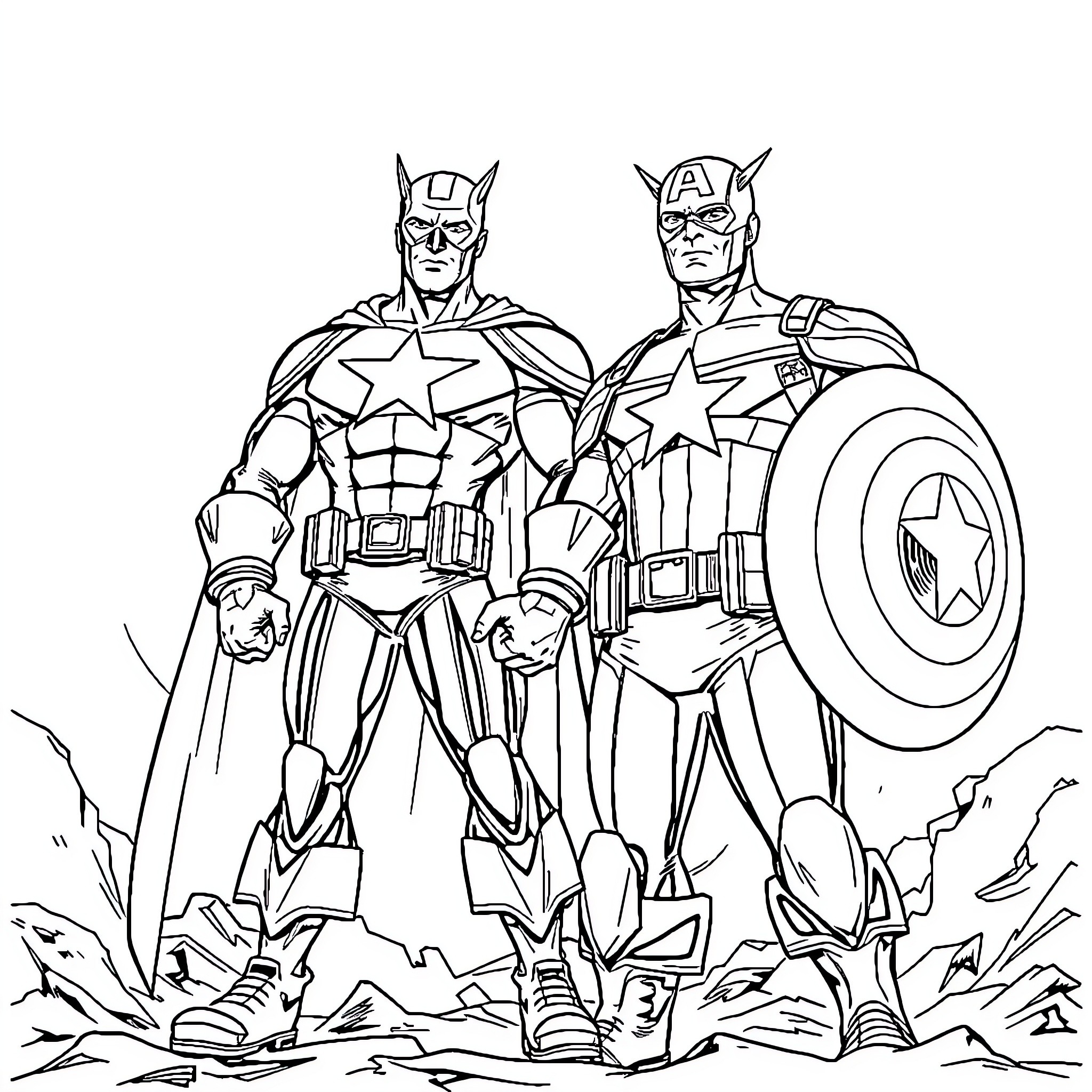 Captain America and Superhero Duo in Action Coloring Page (free black-and-white line drawing printable PDF for all, from beginners to advanced learners, including children, teens, adults, and seniors)