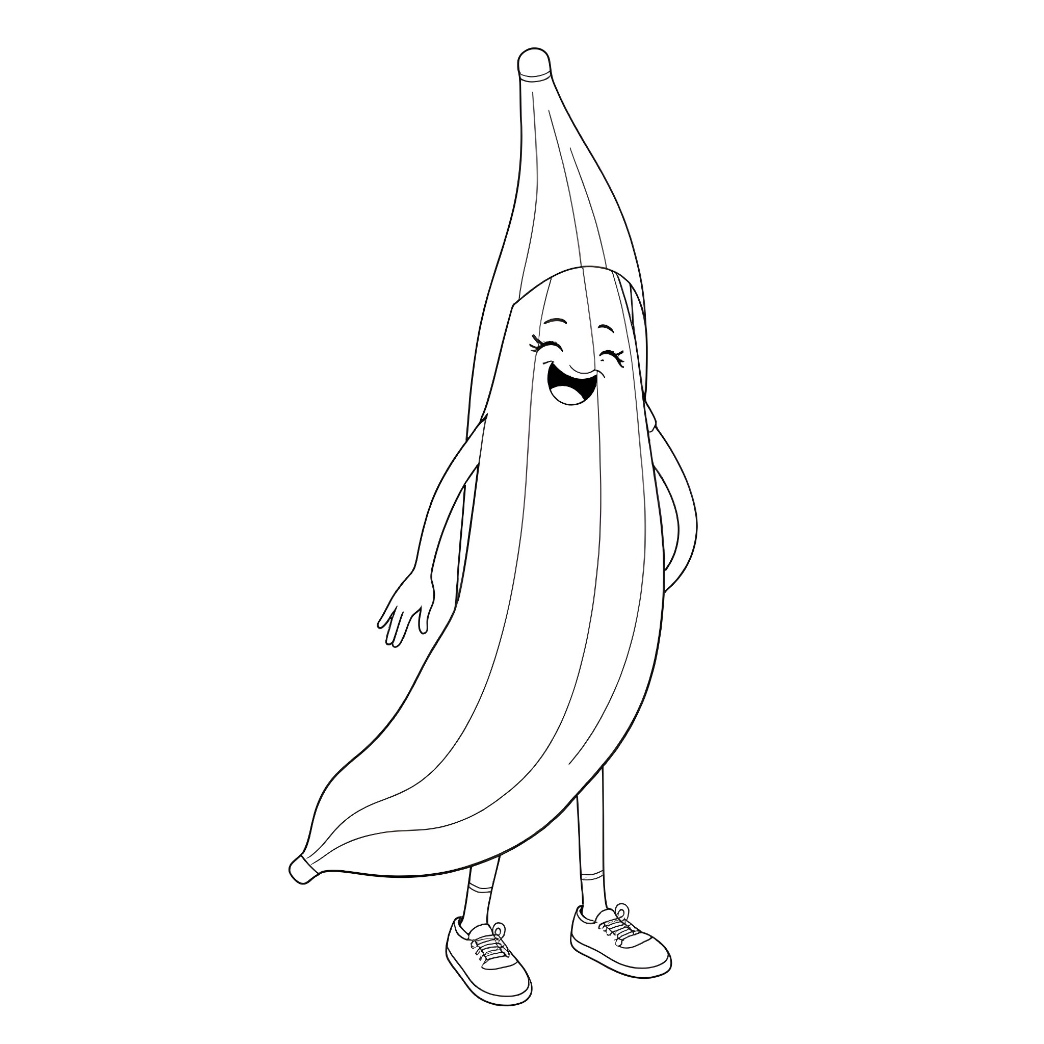 Person in banana costume smiling happily Coloring Page (free black-and-white line drawing printable PDF for all, from beginners to advanced learners, including children, teens, adults, and seniors)