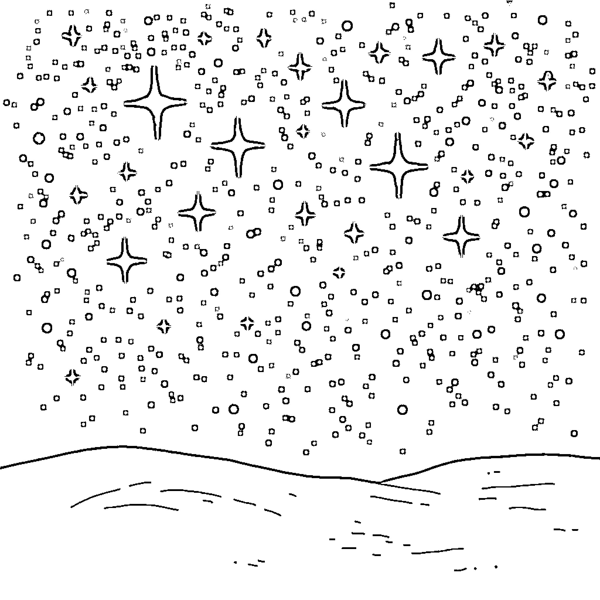 Star-Filled Nightscape with Silhouetted Horizon Coloring Page (free black-and-white line drawing printable PDF for all, from beginners to advanced learners, including children, teens, adults, and seniors)