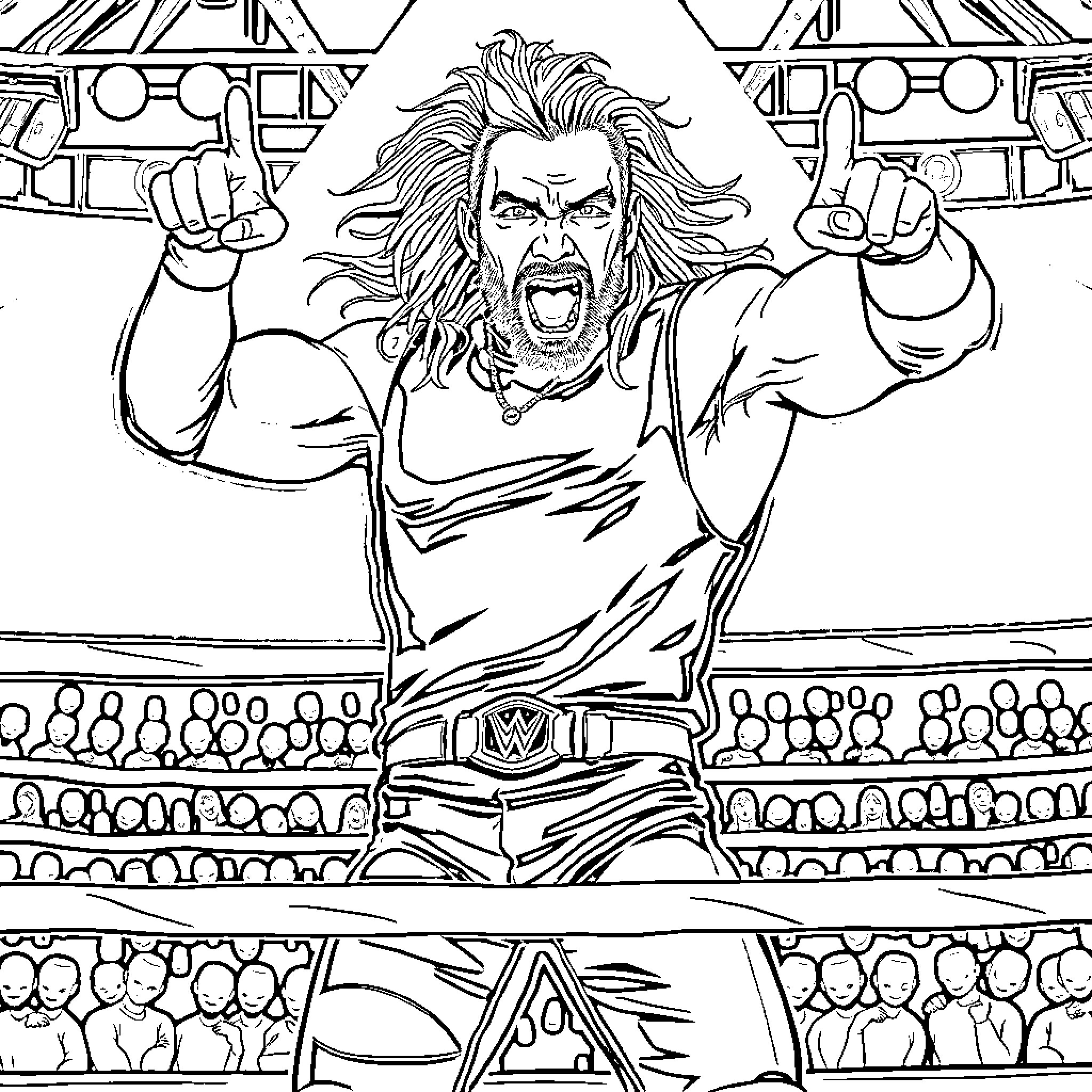 Jeff Hardy performing in the wrestling ring Coloring Page (free black-and-white line drawing printable PDF for all, from beginners to advanced learners, including children, teens, adults, and seniors)