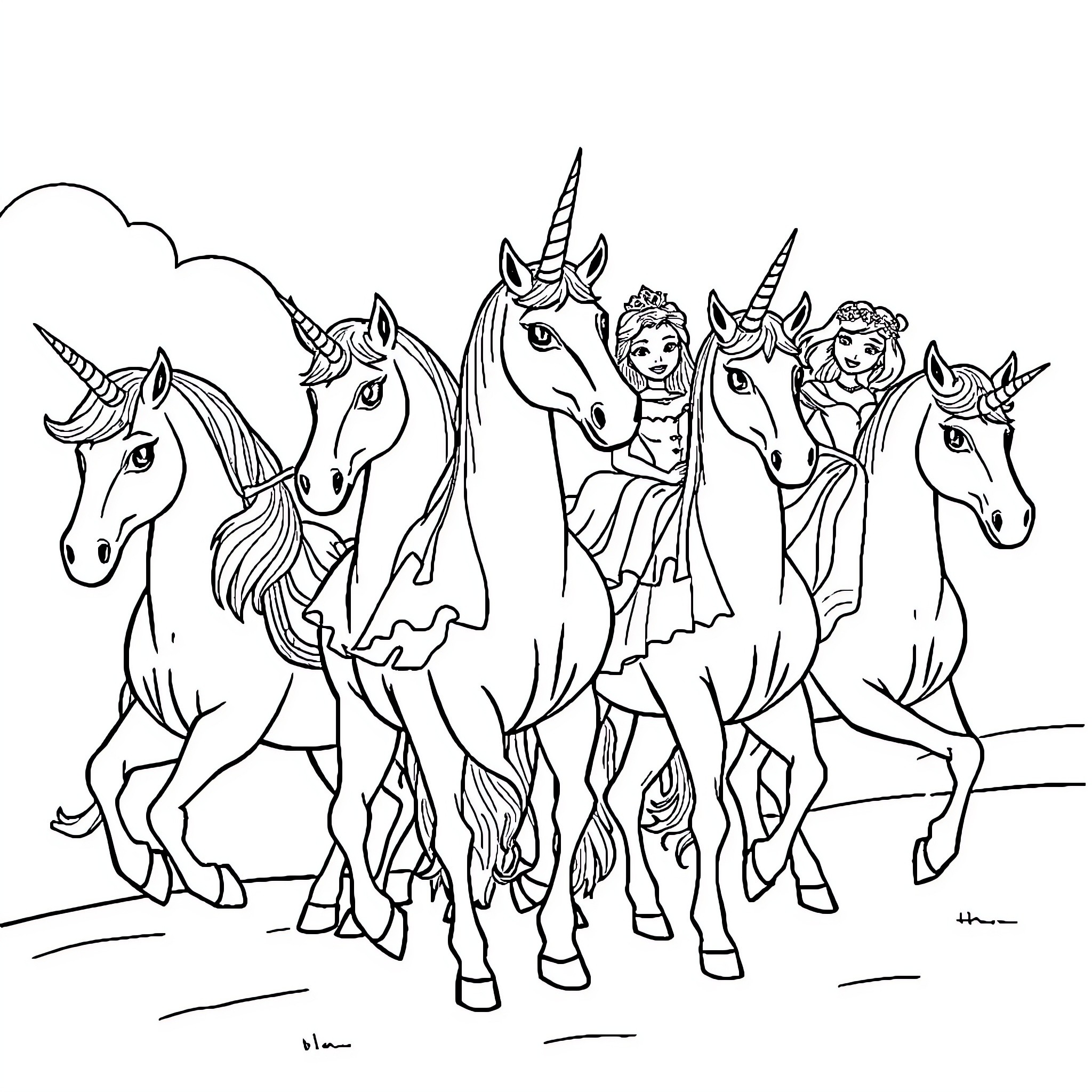 Unicorn herd prancing with a magical princess Coloring Page (free black-and-white line drawing printable PDF for all, from beginners to advanced learners, including children, teens, adults, and seniors)